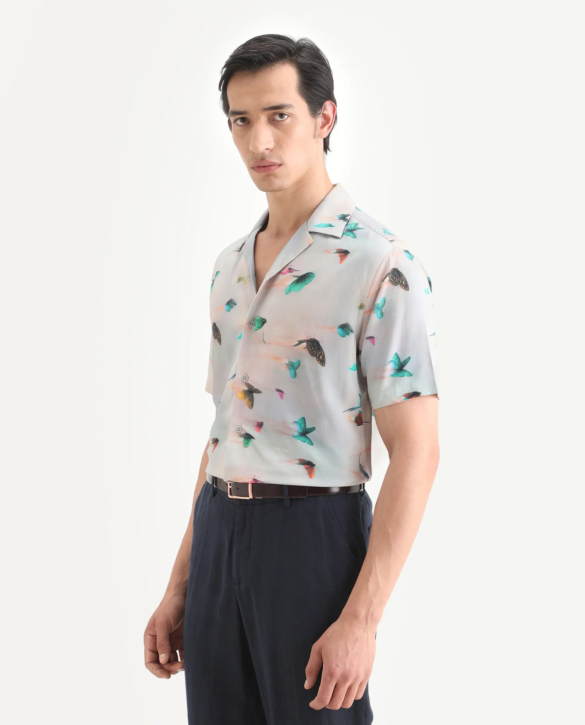 Rare Rabbit Men's Flog Dusky Blue Viscose Fabric Half Sleeve Cuban Collar Regular Fit Floral Print Shirt - Image 6