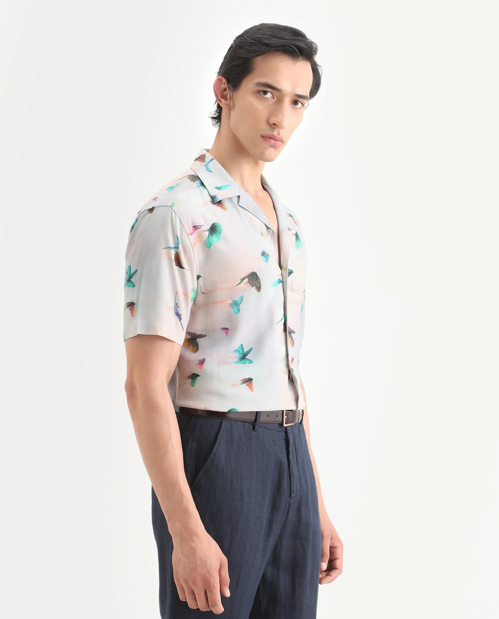 Rare Rabbit Men's Flog Dusky Blue Viscose Fabric Half Sleeve Cuban Collar Regular Fit Floral Print Shirt - Image 7