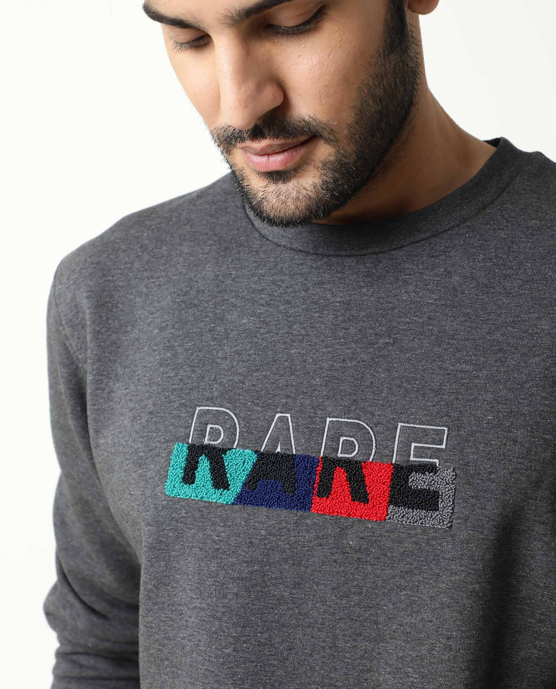 Rare Rabbit Men's Floki Black Cotton Embroidered Slim Fit Full Sleeve Crew Neck Sweatshirt