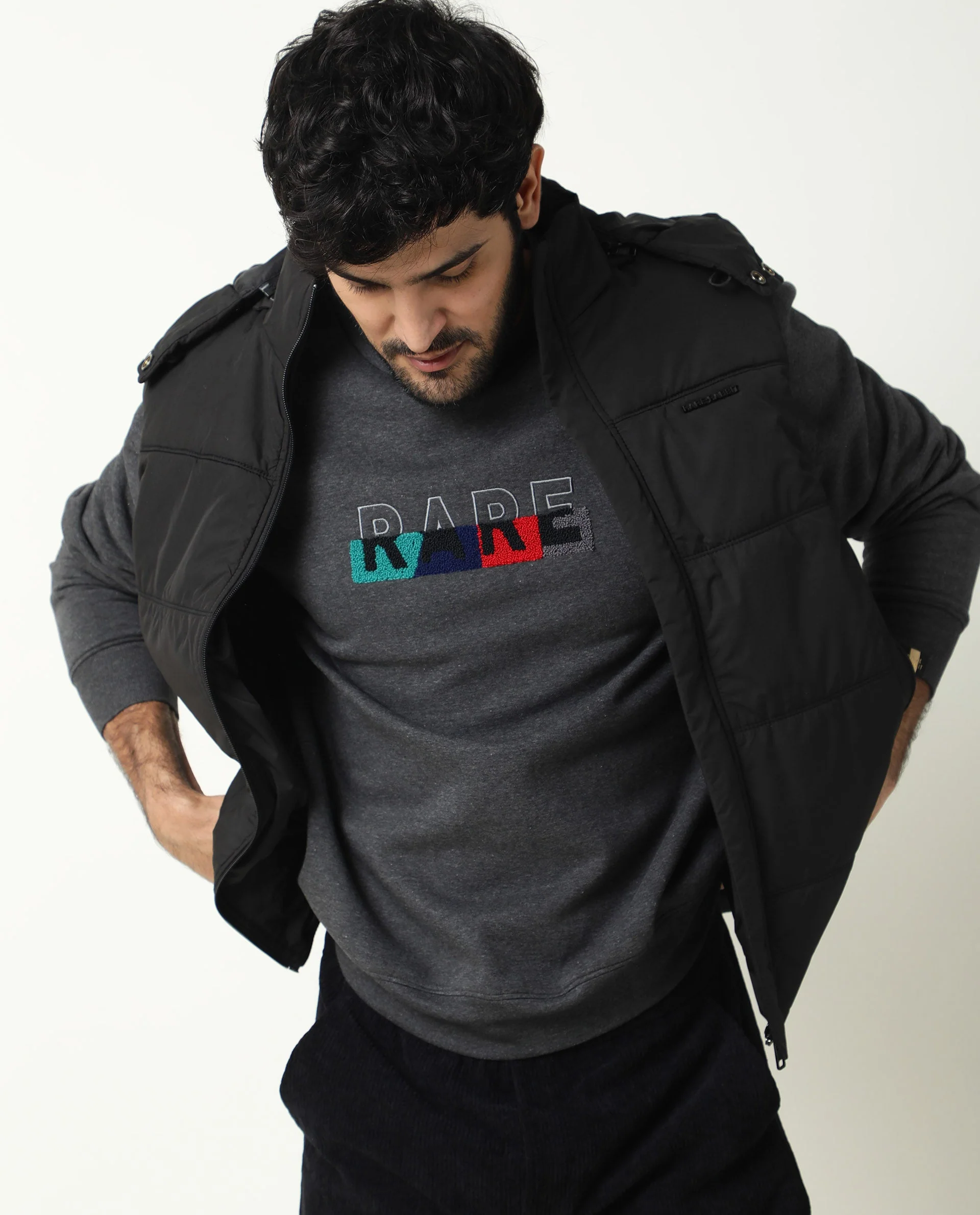 Rare Rabbit Men's Floki Black Cotton Embroidered Slim Fit Full Sleeve Crew Neck Sweatshirt - Image 2