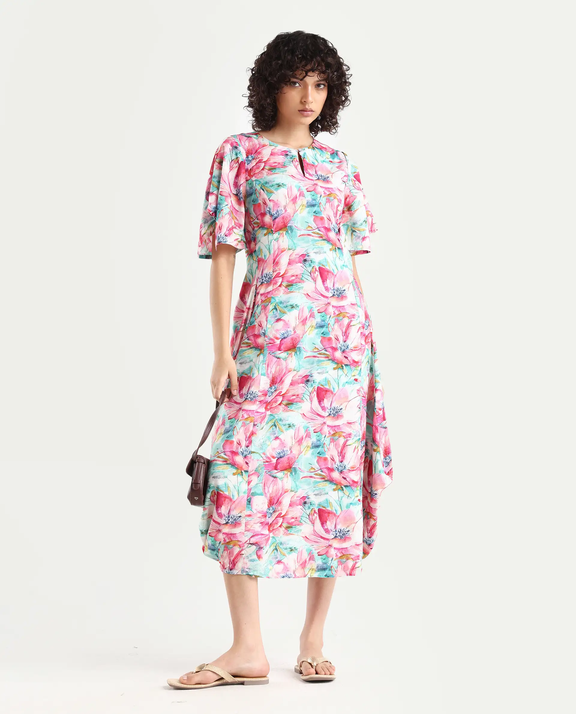 Rareism Women's Flonki Pastel Green Viscose Crew Neck Floral Print Bell Sleeve Midi Regular Fit Dress - Image 2