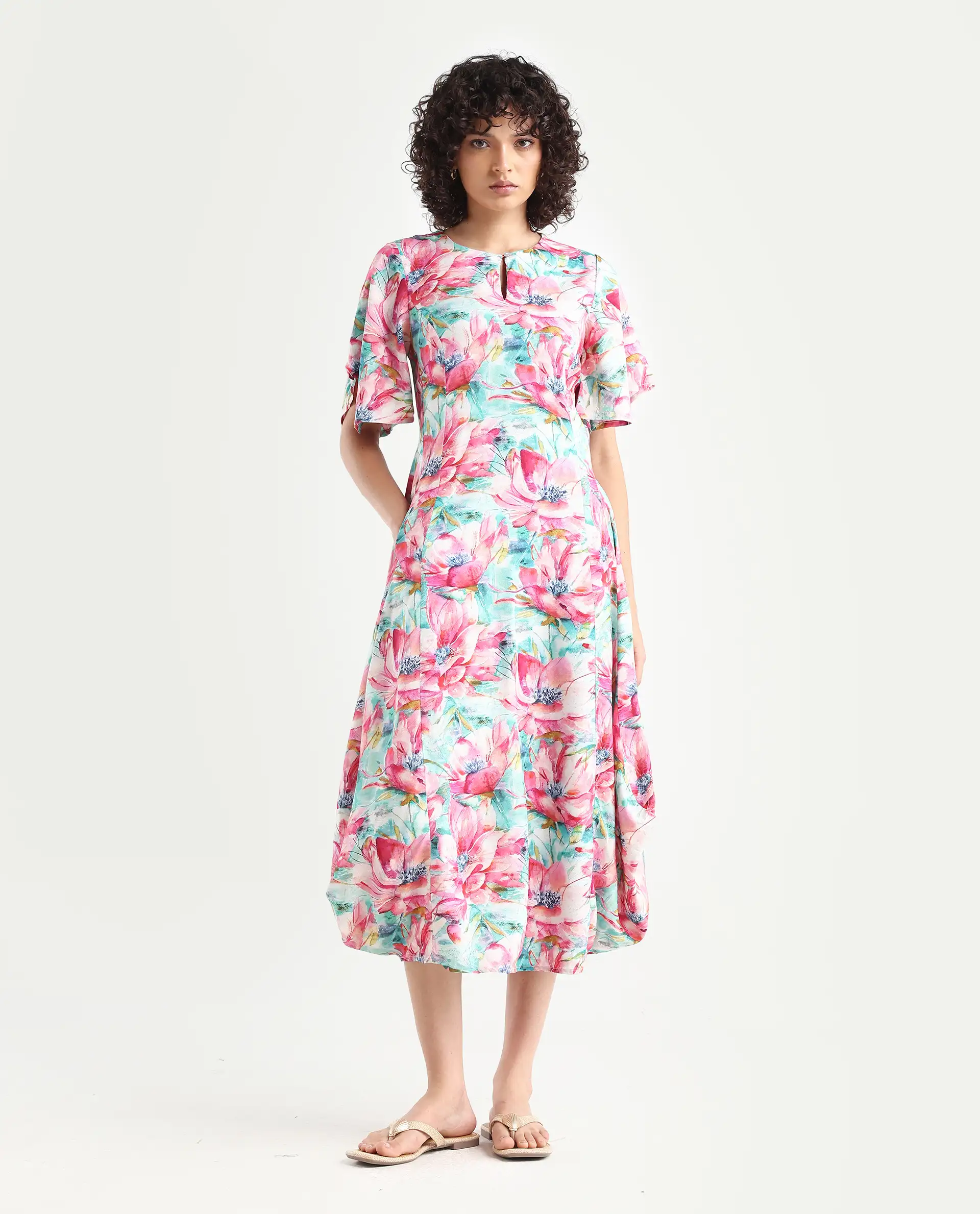 Rareism Women's Flonki Pastel Green Viscose Crew Neck Floral Print Bell Sleeve Midi Regular Fit Dress - Image 3