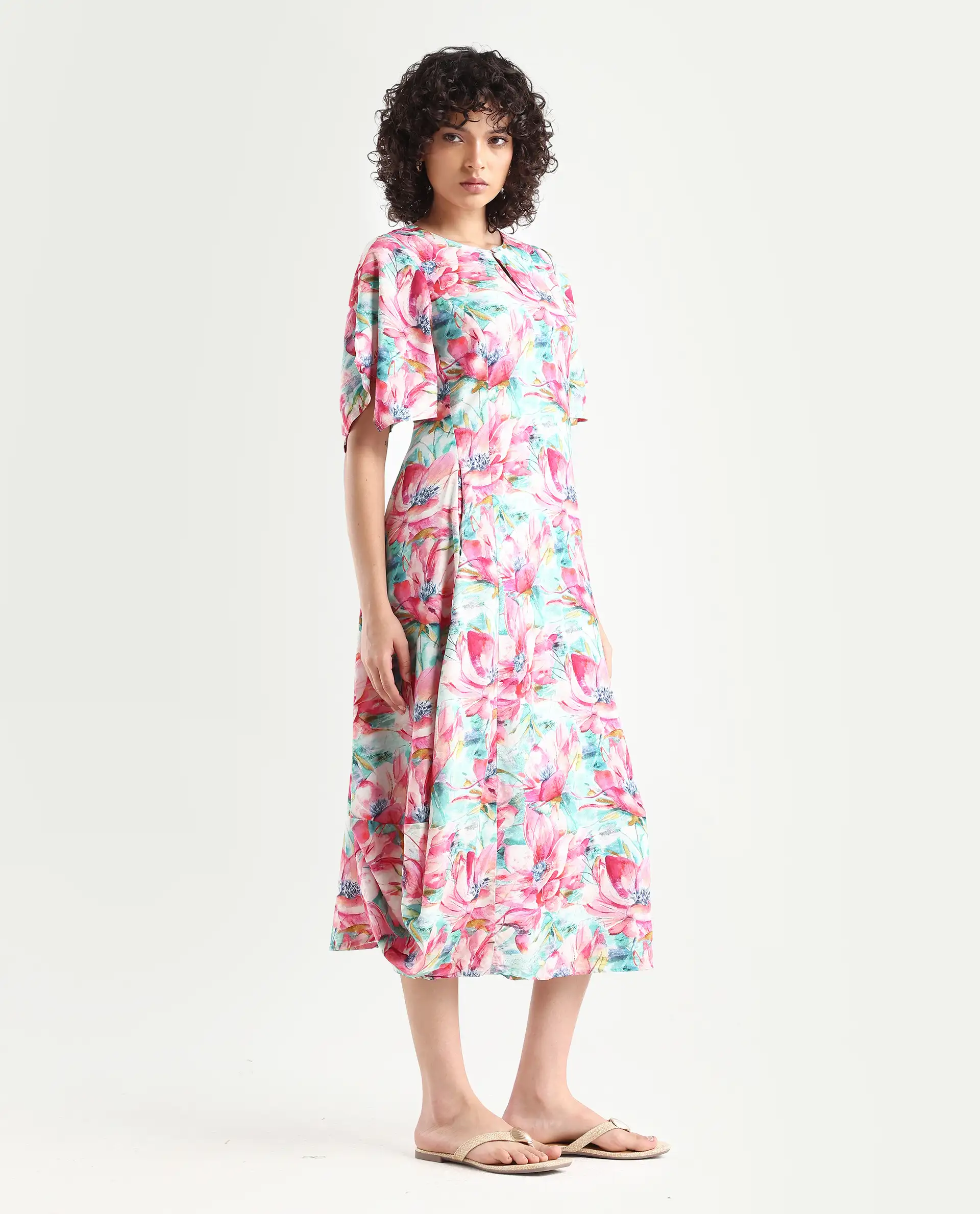Rareism Women's Flonki Pastel Green Viscose Crew Neck Floral Print Bell Sleeve Midi Regular Fit Dress - Image 6