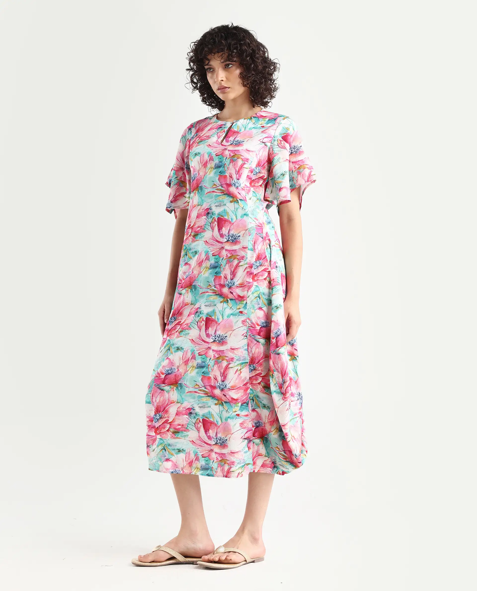 Rareism Women's Flonki Pastel Green Viscose Crew Neck Floral Print Bell Sleeve Midi Regular Fit Dress - Image 7