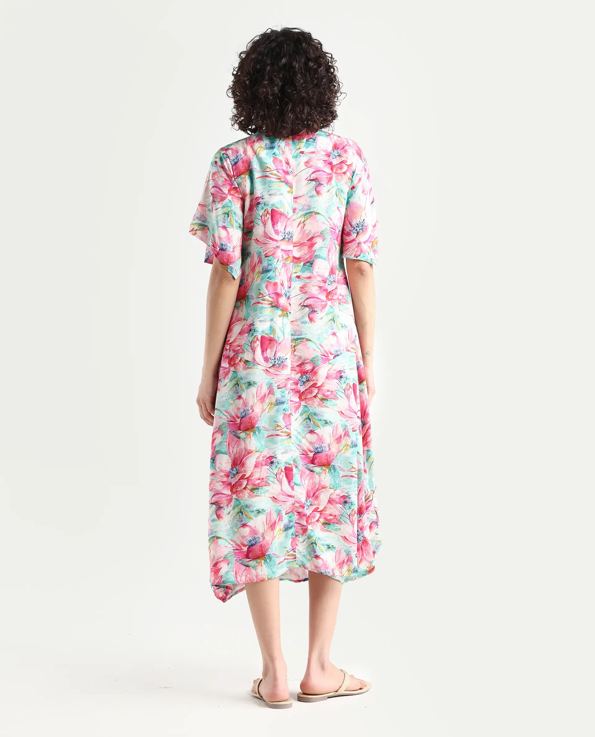Rareism Women's Flonki Pastel Green Viscose Crew Neck Floral Print Bell Sleeve Midi Regular Fit Dress - Image 8