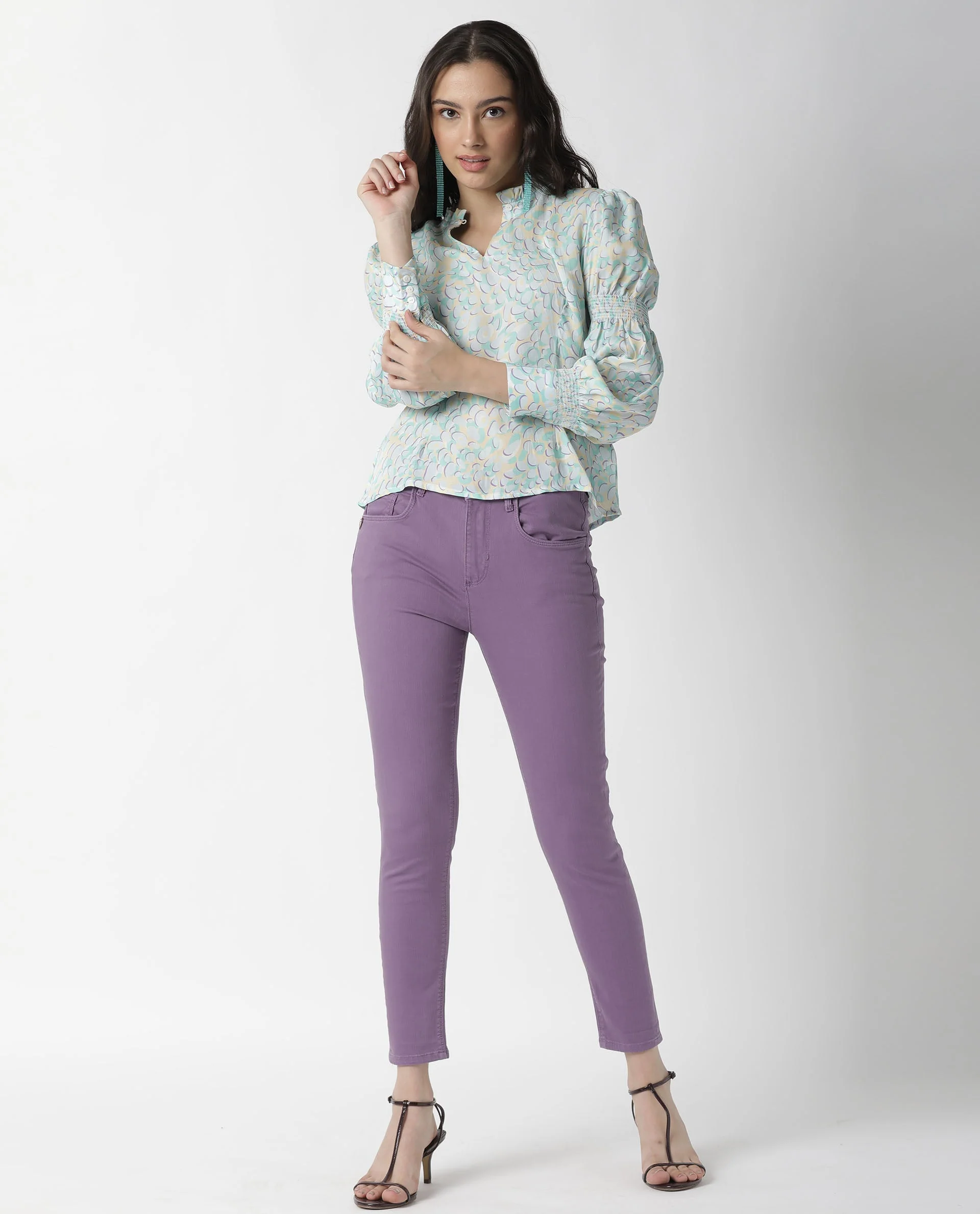 Rareism Women's Floor Purple Sweetheart Neck Printed Knee Length Slim Fit Top - Image 2