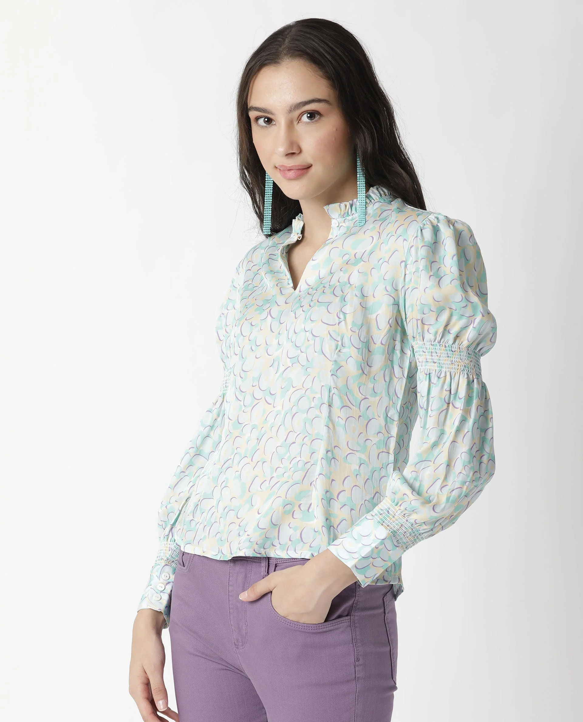 Rareism Women's Floor Purple Sweetheart Neck Printed Knee Length Slim Fit Top - Image 3