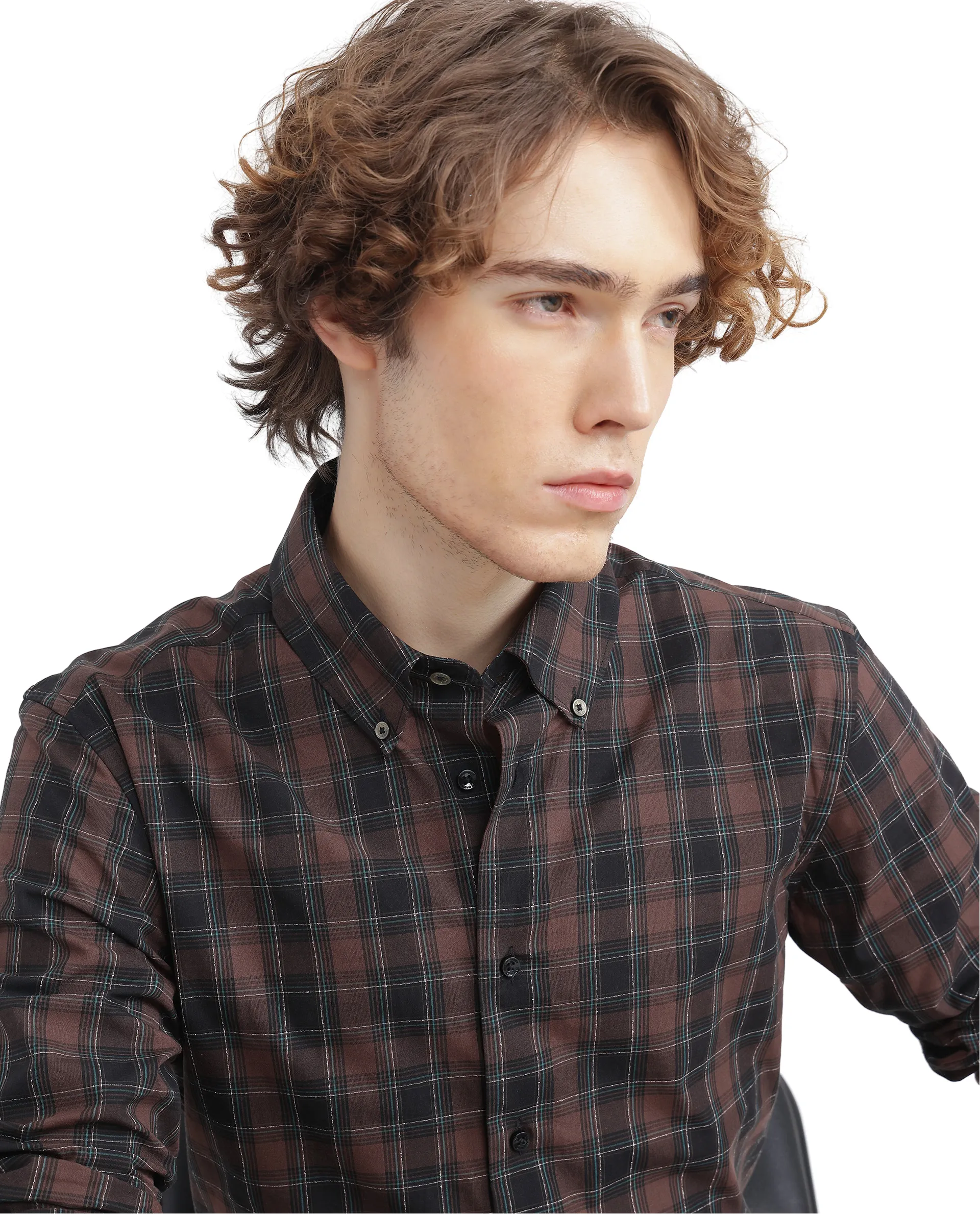 Rare Rabbit Men's Flor Dark Brown Checked Print Regular Fit Full Sleeve Collared Shirt - Image 2