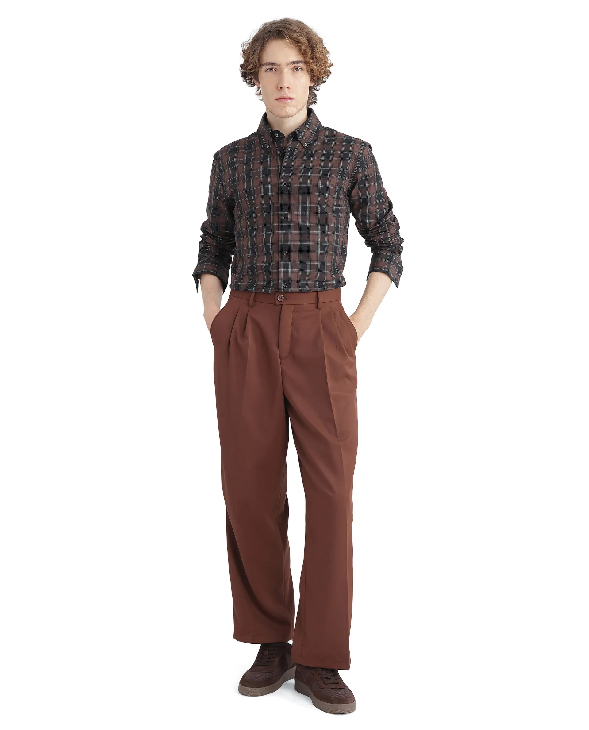 Rare Rabbit Men's Flor Dark Brown Checked Print Regular Fit Full Sleeve Collared Shirt - Image 3