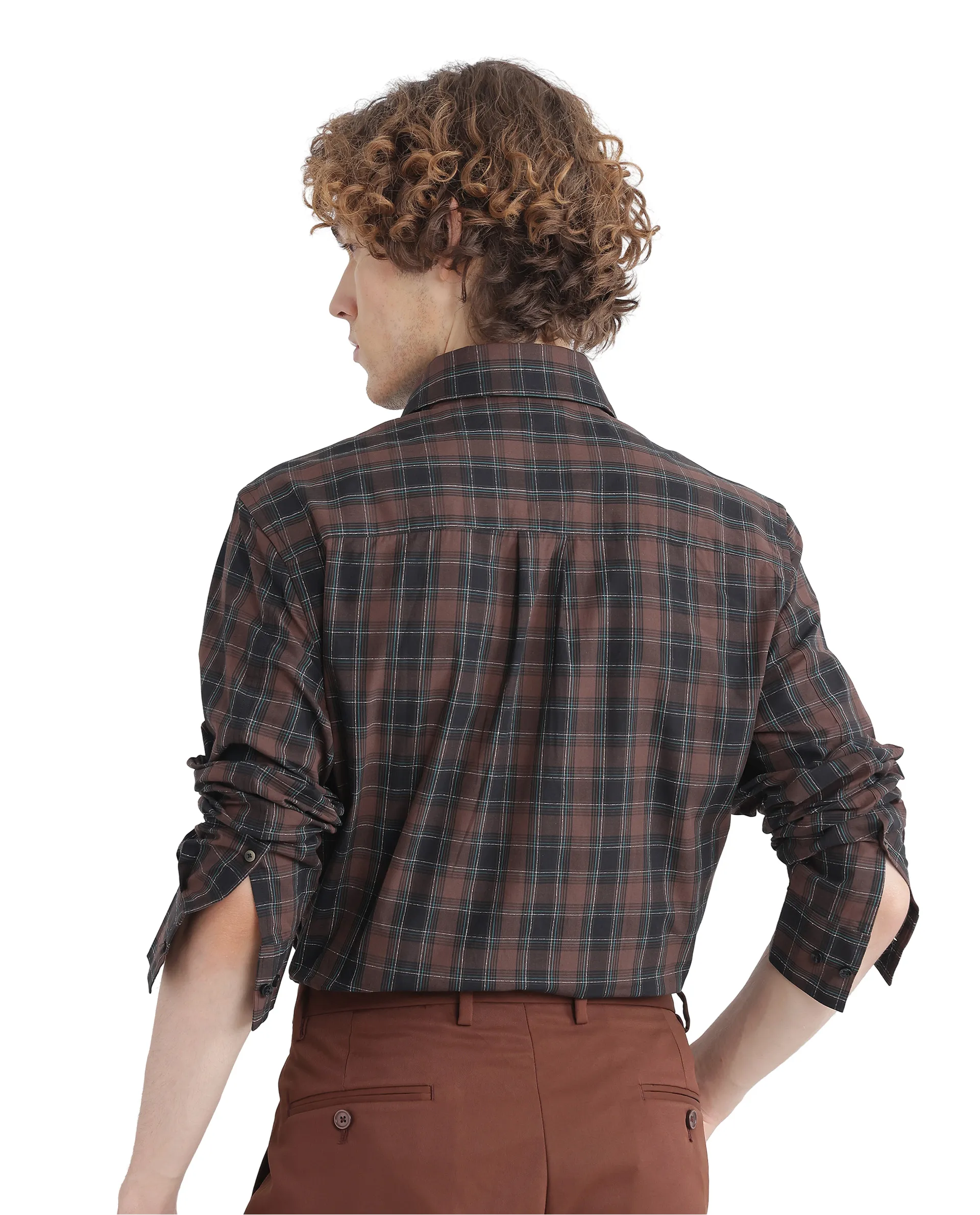 Rare Rabbit Men's Flor Dark Brown Checked Print Regular Fit Full Sleeve Collared Shirt - Image 4