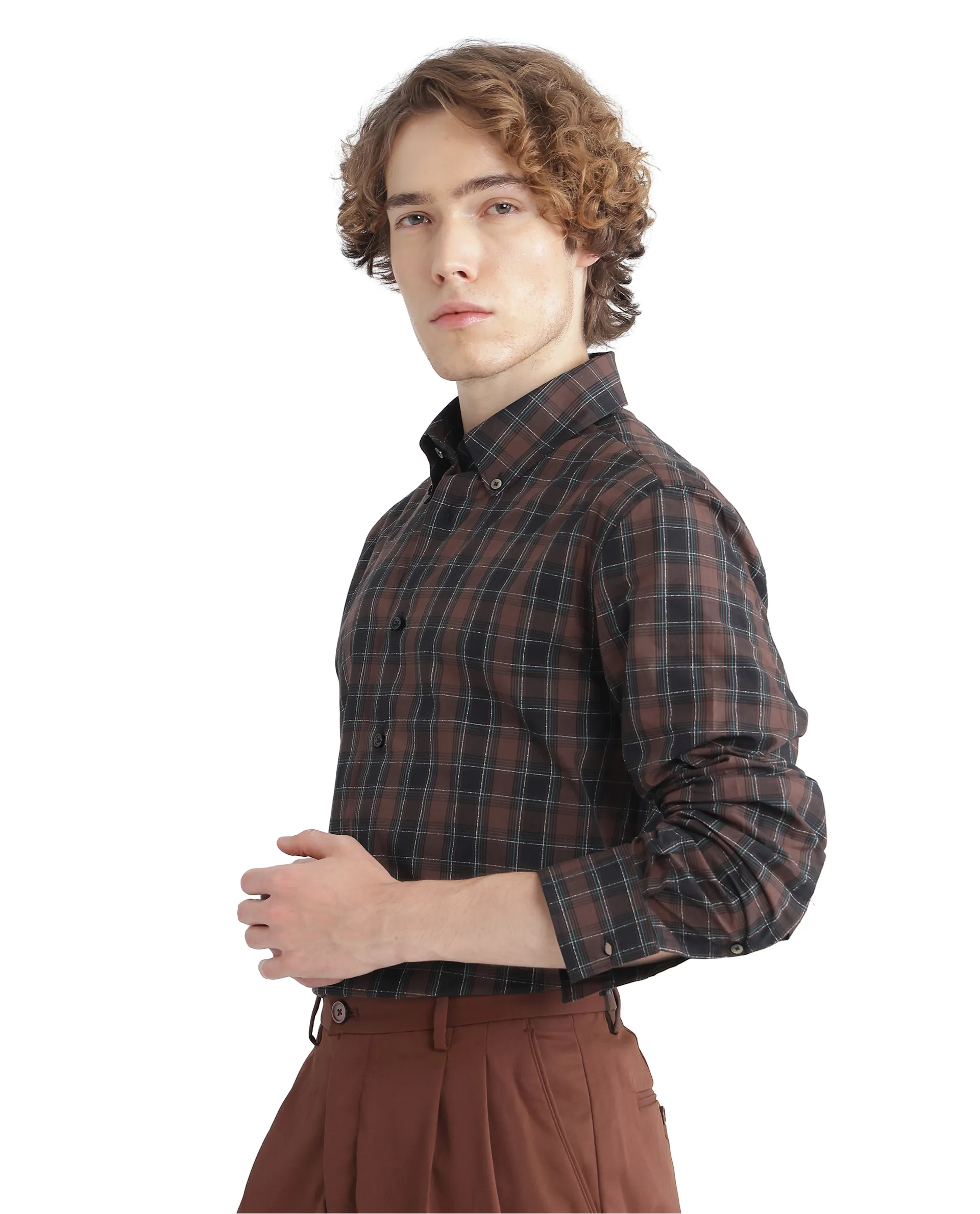 Rare Rabbit Men's Flor Dark Brown Checked Print Regular Fit Full Sleeve Collared Shirt - Image 5