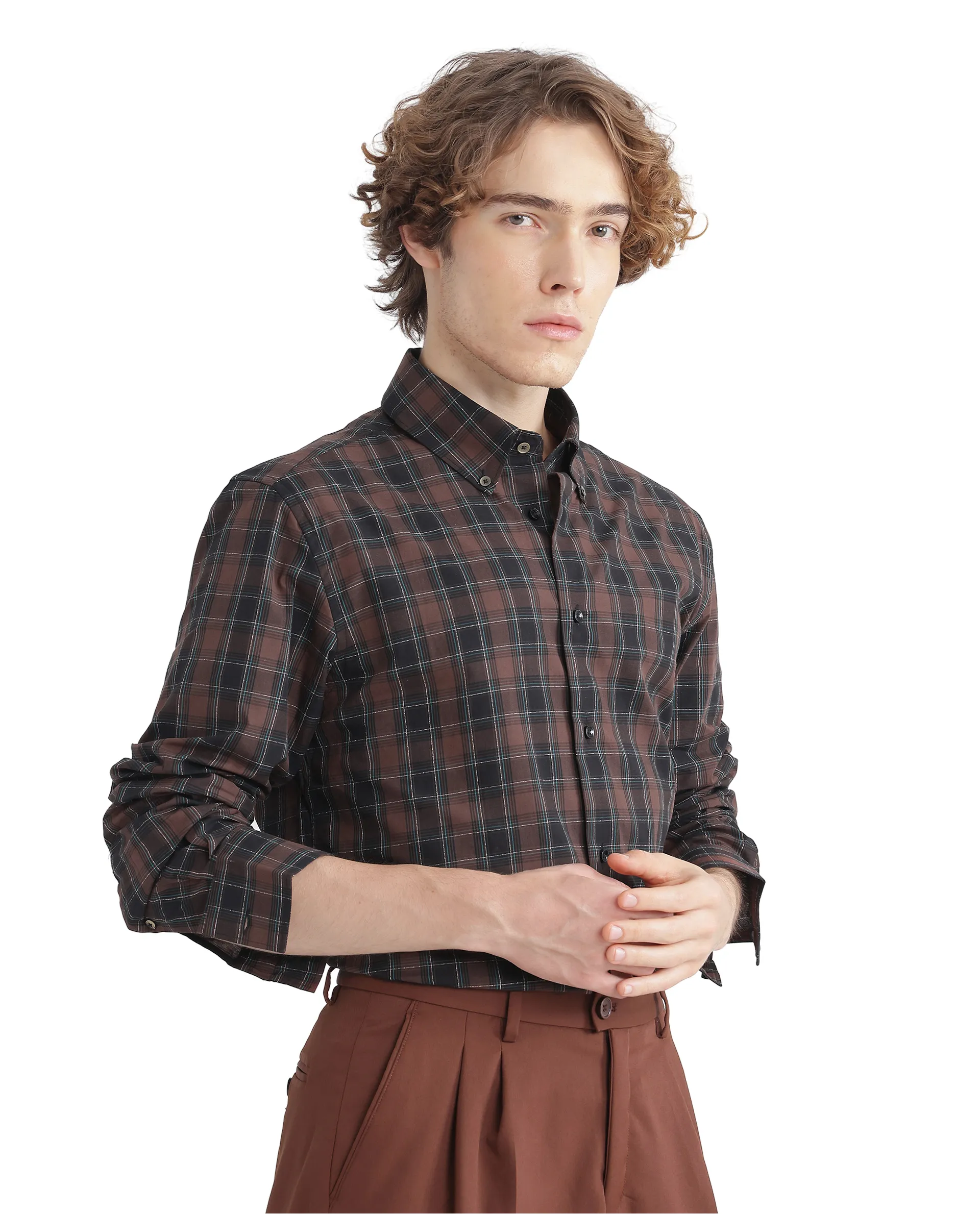 Rare Rabbit Men's Flor Dark Brown Checked Print Regular Fit Full Sleeve Collared Shirt - Image 6