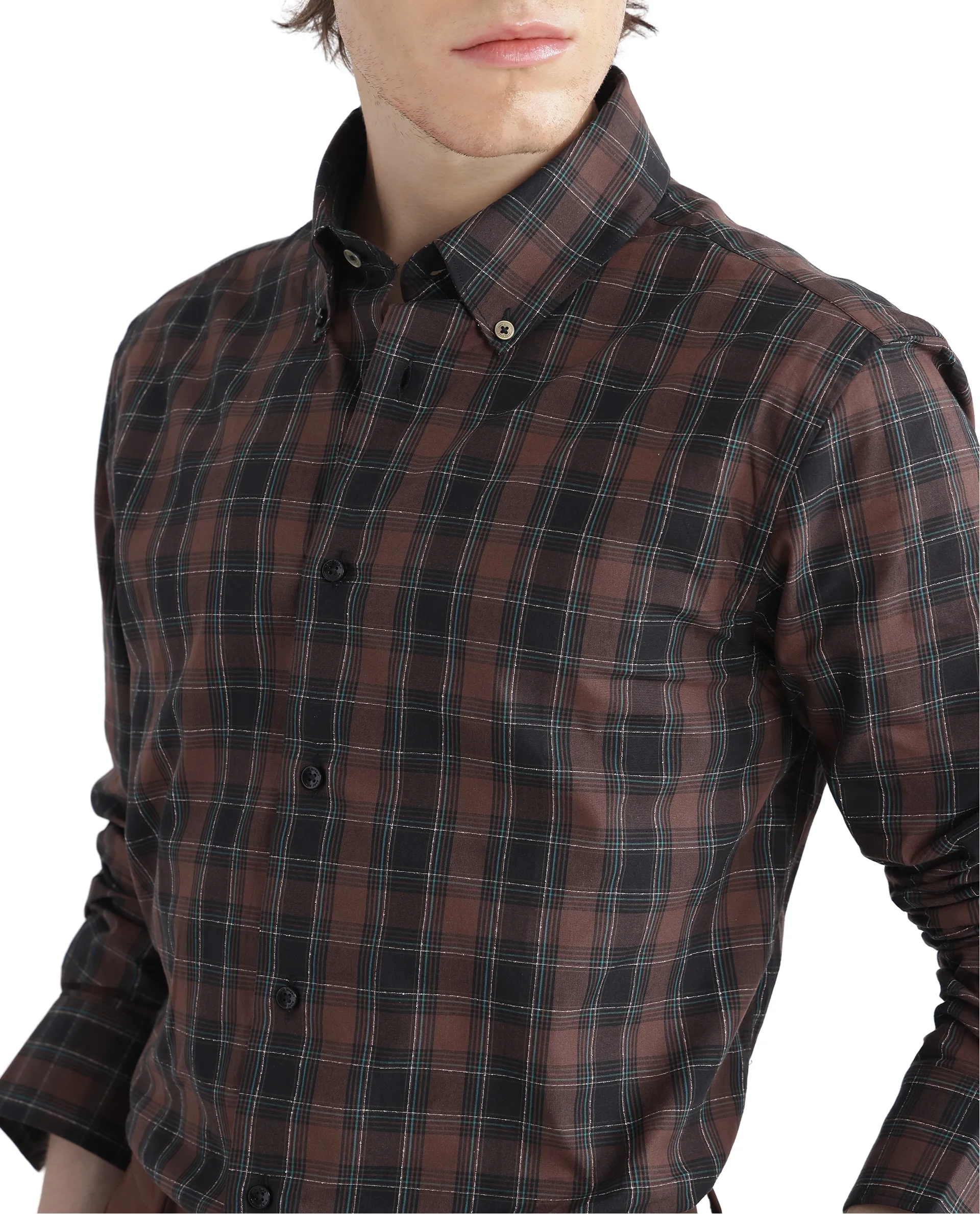 Rare Rabbit Men's Flor Dark Brown Checked Print Regular Fit Full Sleeve Collared Shirt - Image 8
