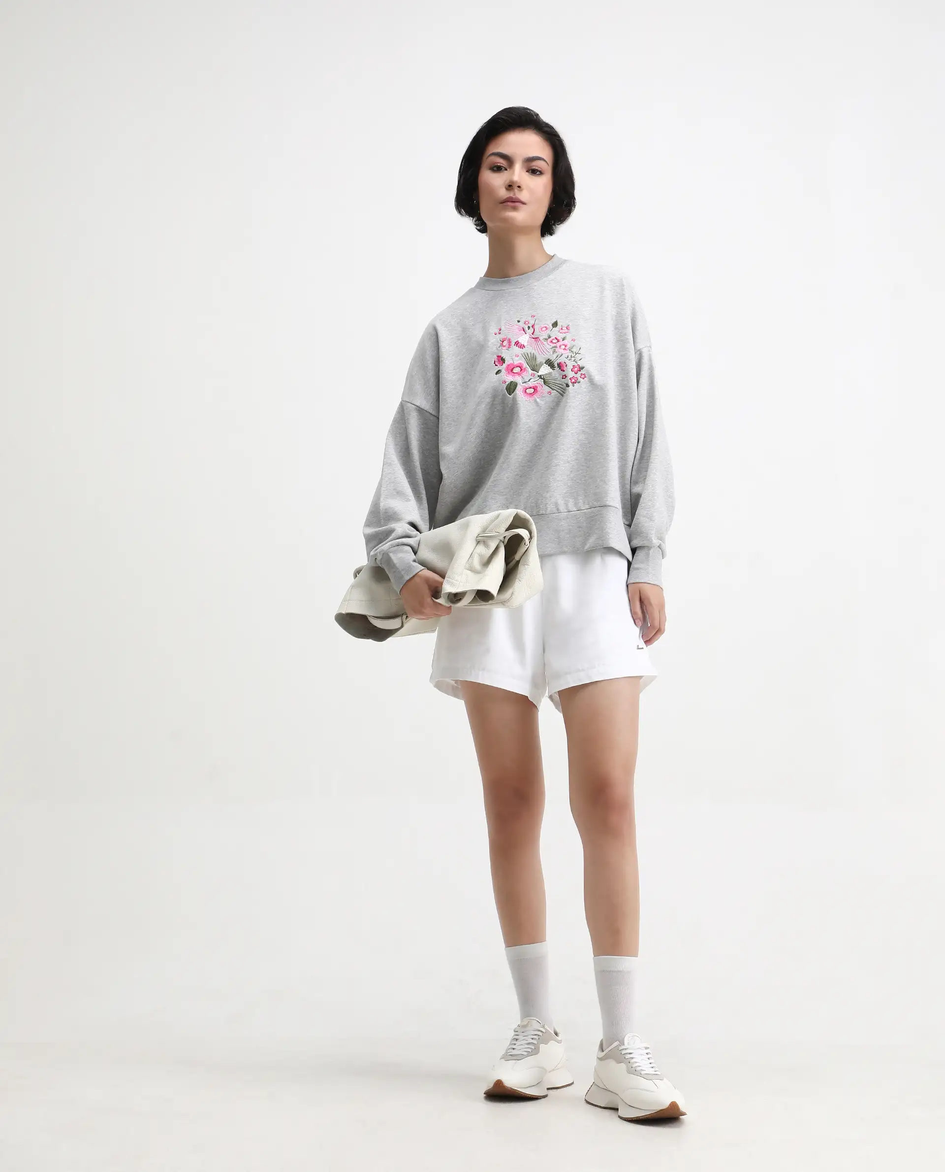 Rareism Women's Flor Light Grey Cotton Crew Neck Relaxed Fit Embroidered Sweatshirt