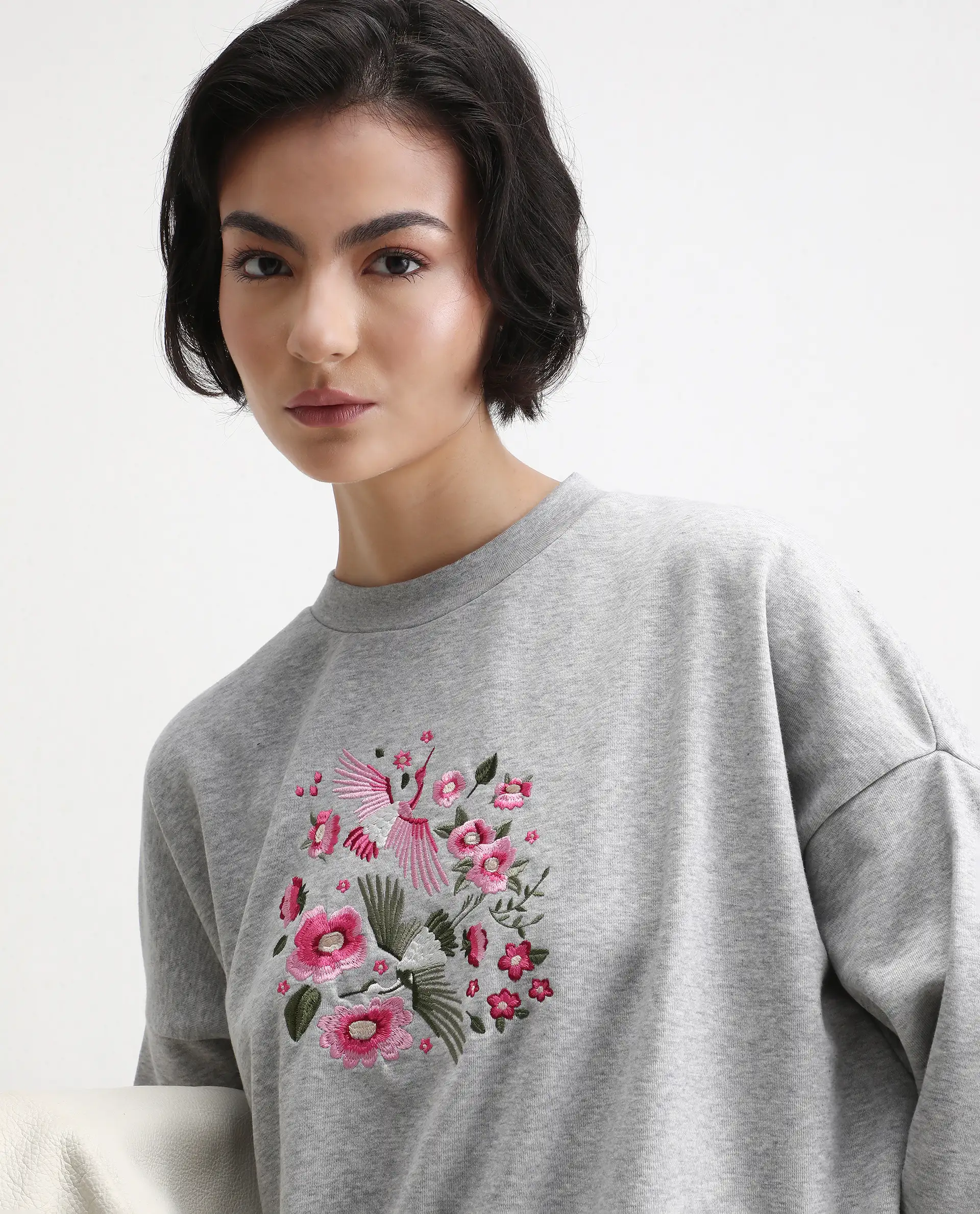 Rareism Women's Flor Light Grey Cotton Crew Neck Relaxed Fit Embroidered Sweatshirt - Image 2