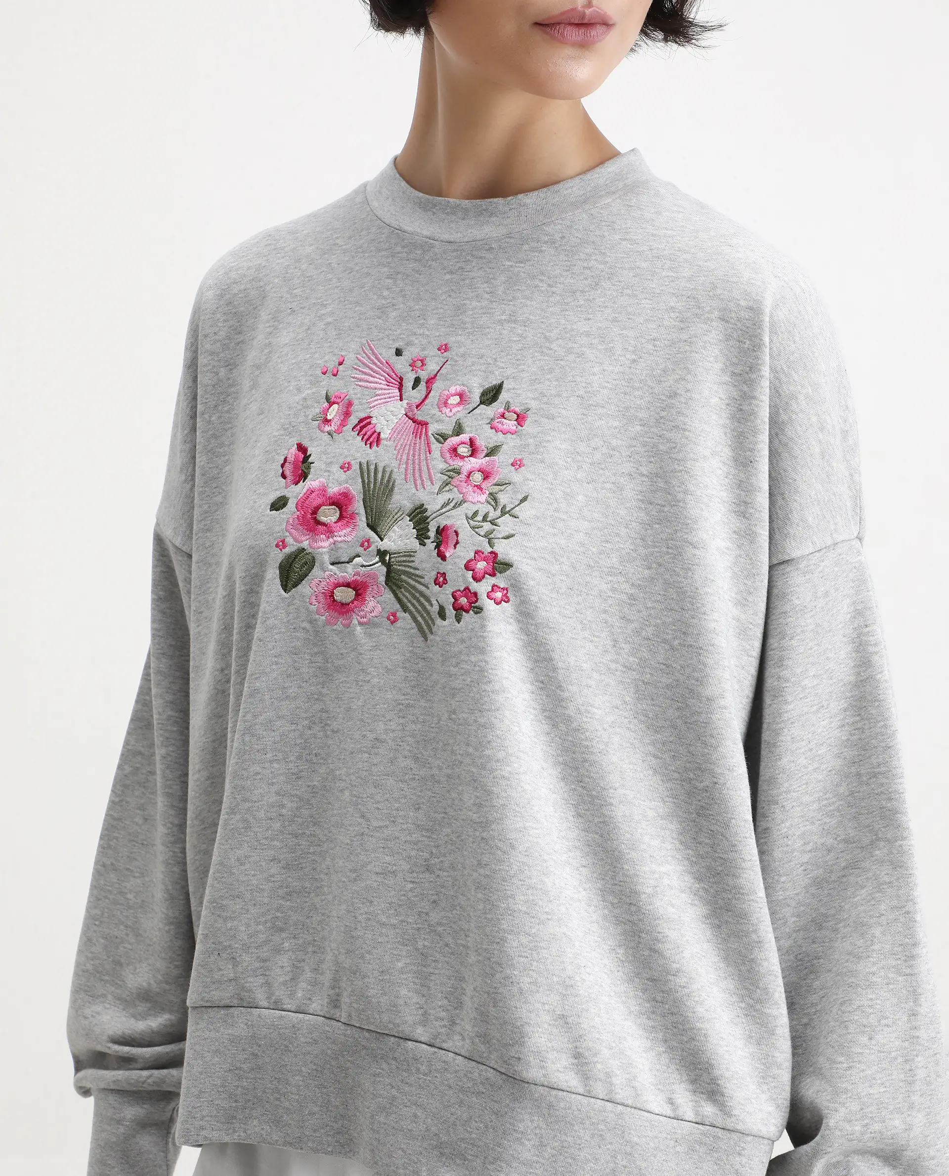 Rareism Women's Flor Light Grey Cotton Crew Neck Relaxed Fit Embroidered Sweatshirt - Image 3