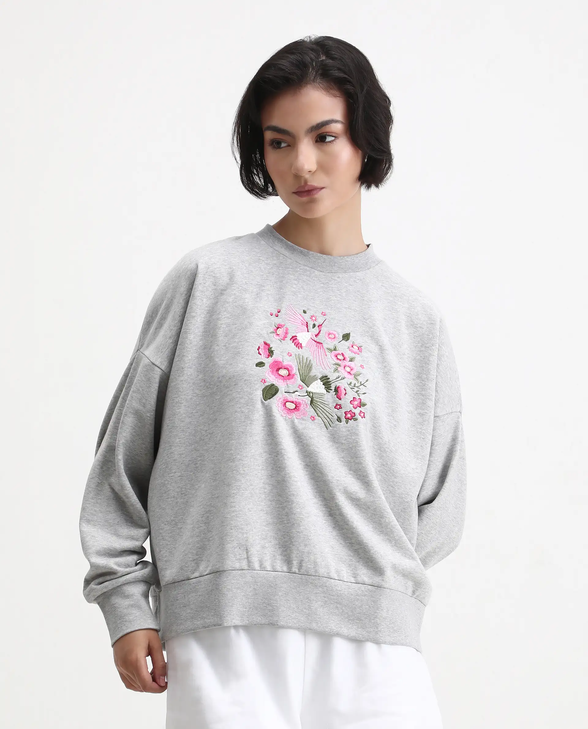Rareism Women's Flor Light Grey Cotton Crew Neck Relaxed Fit Embroidered Sweatshirt - Image 4