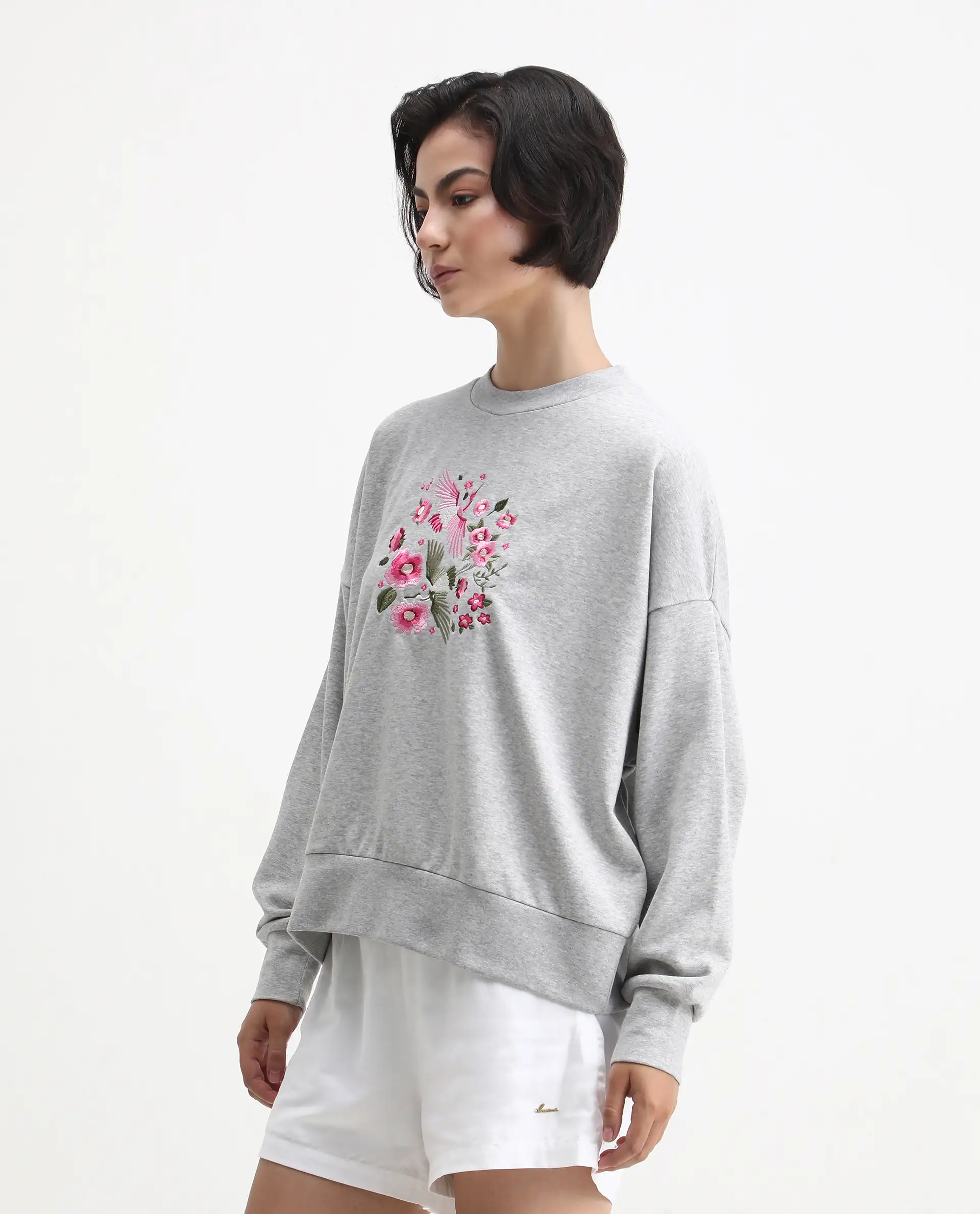 Rareism Women's Flor Light Grey Cotton Crew Neck Relaxed Fit Embroidered Sweatshirt - Image 5