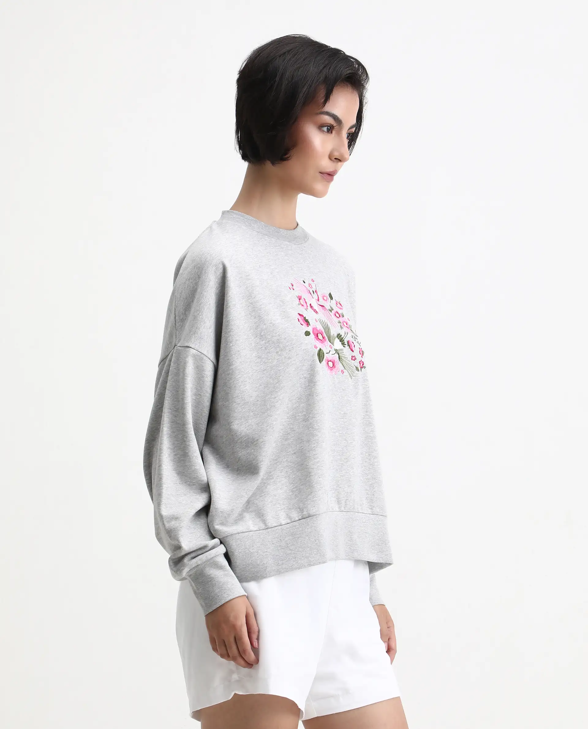 Rareism Women's Flor Light Grey Cotton Crew Neck Relaxed Fit Embroidered Sweatshirt - Image 6
