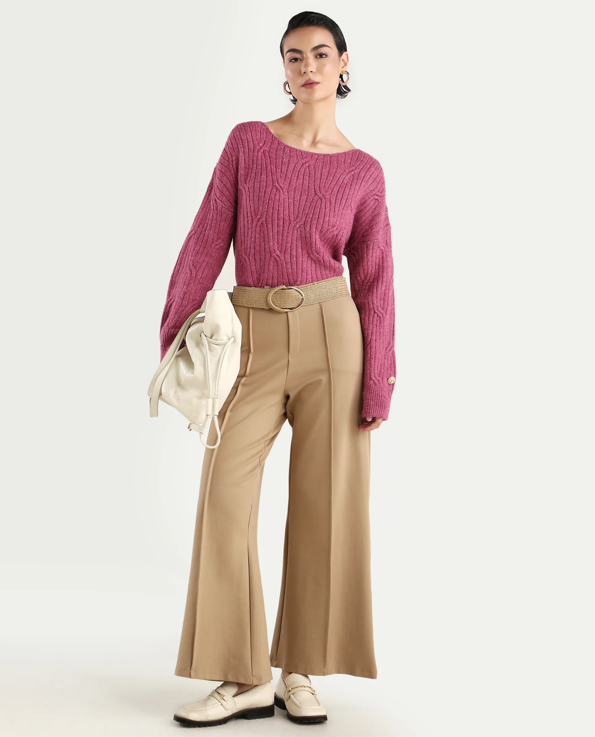 Rareism Women's Floran Pink Cotton Crew Neck Plain Relaxed Fit Sweater - Image 2