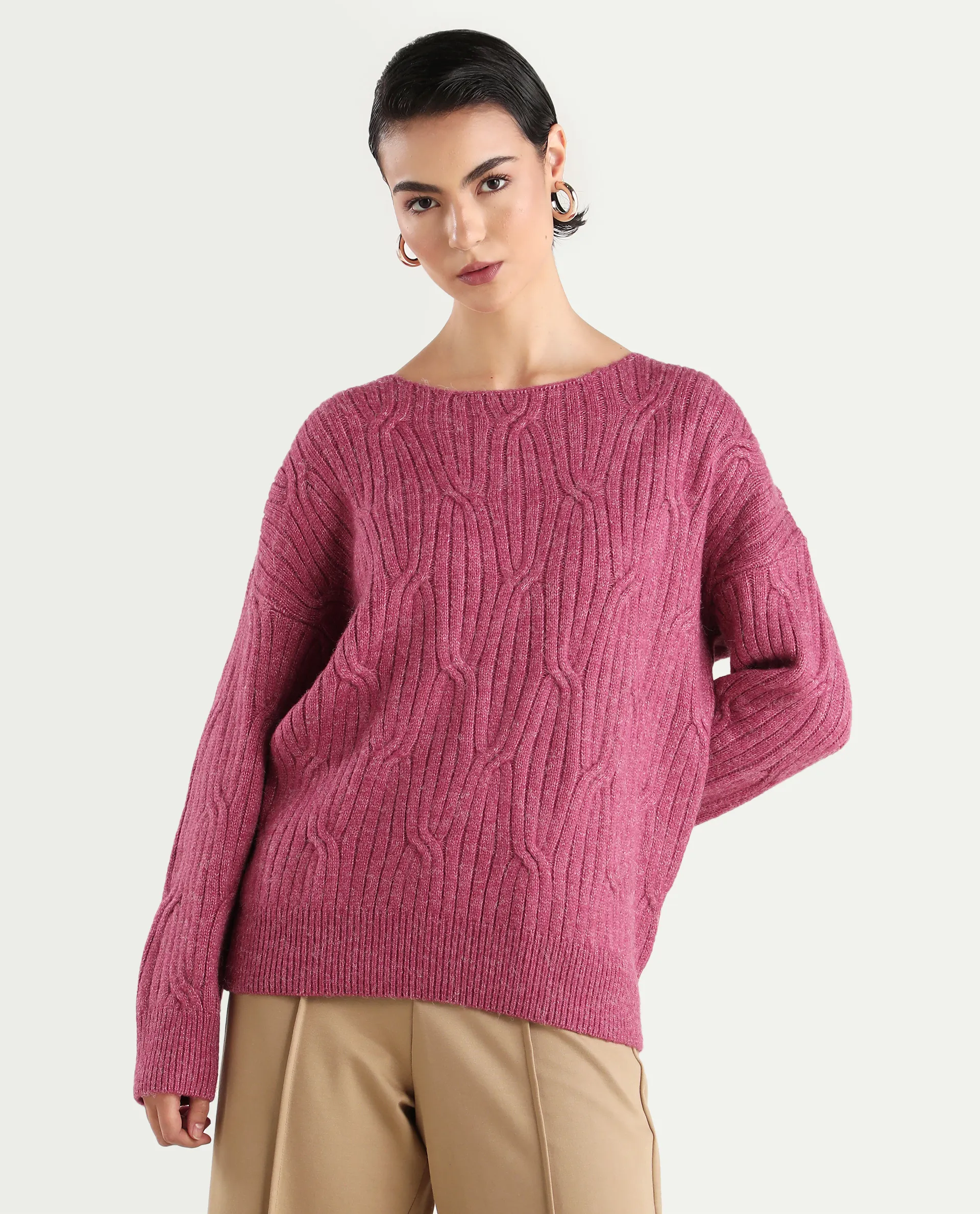 Rareism Women's Floran Pink Cotton Crew Neck Plain Relaxed Fit Sweater - Image 3