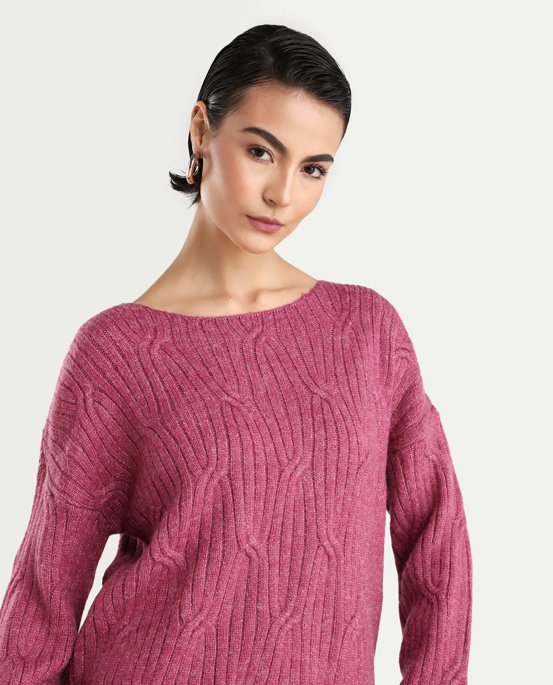 Rareism Women's Floran Pink Cotton Crew Neck Plain Relaxed Fit Sweater - Image 4