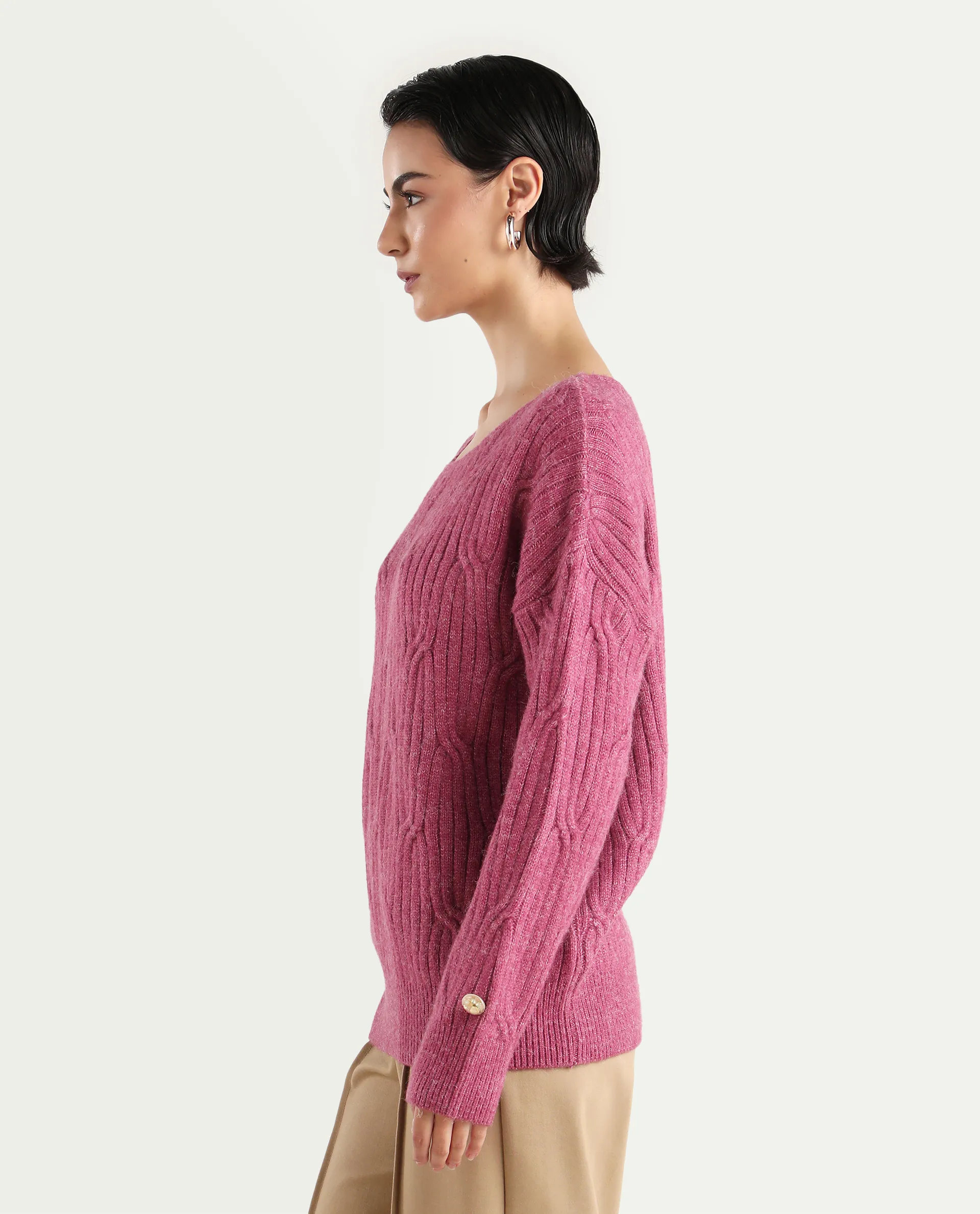 Rareism Women's Floran Pink Cotton Crew Neck Plain Relaxed Fit Sweater - Image 6