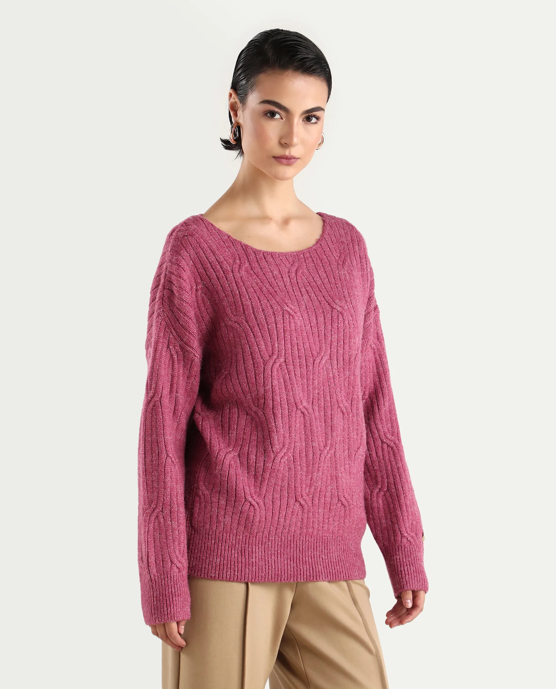 Rareism Women's Floran Pink Cotton Crew Neck Plain Relaxed Fit Sweater - Image 7