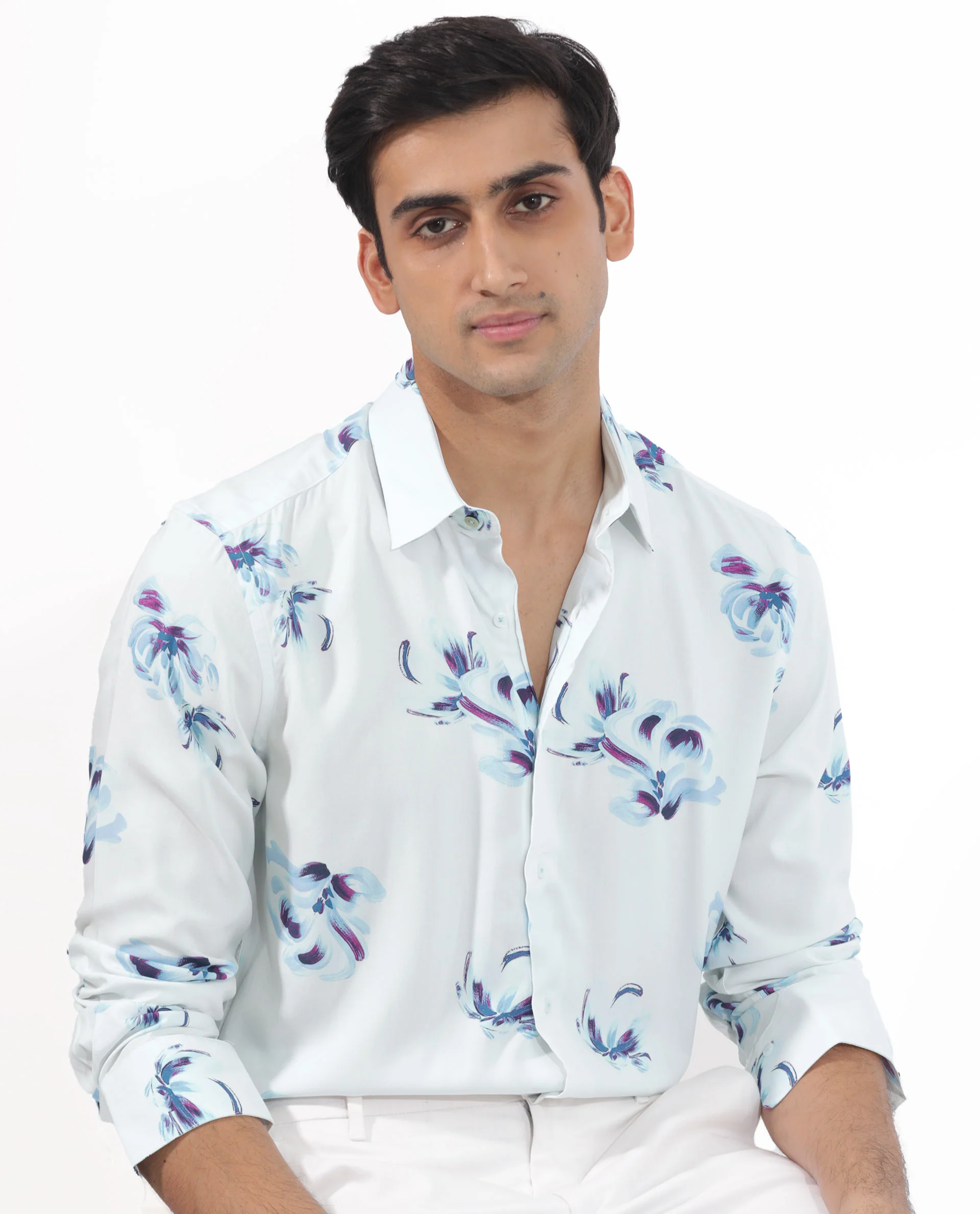 Rare Rabbit Men's Floren White Viscose Floral Print Regular Fit Full Sleeve Collared Shirt