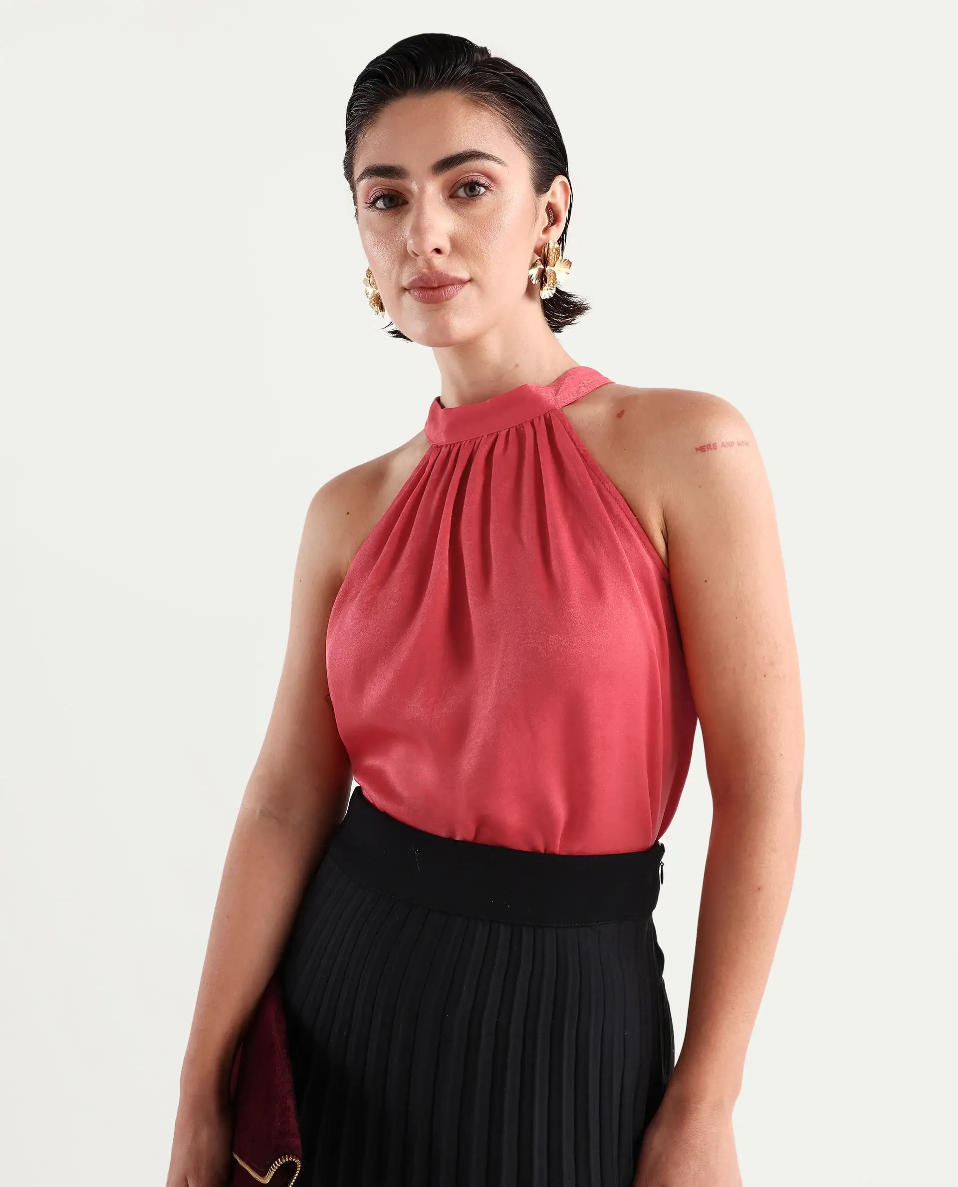 Rareism Women's Floren Light Orange Polyester Halter Neck Plain Sleeveless Regular Fit Top