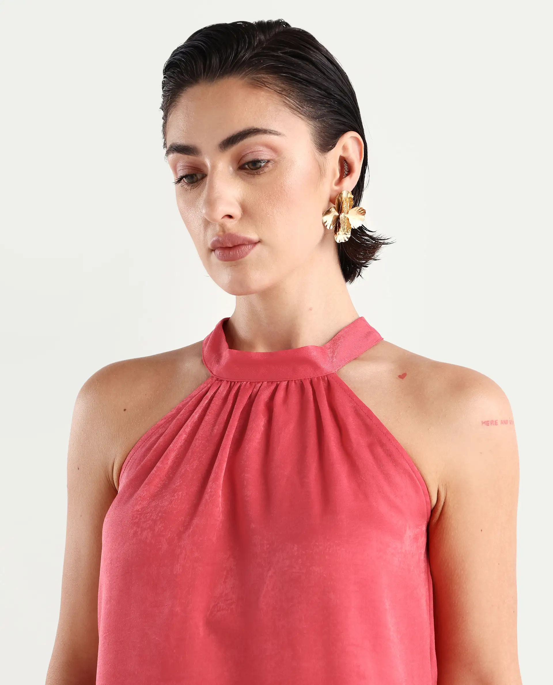 Rareism Women's Floren Light Orange Polyester Halter Neck Plain Sleeveless Regular Fit Top - Image 3