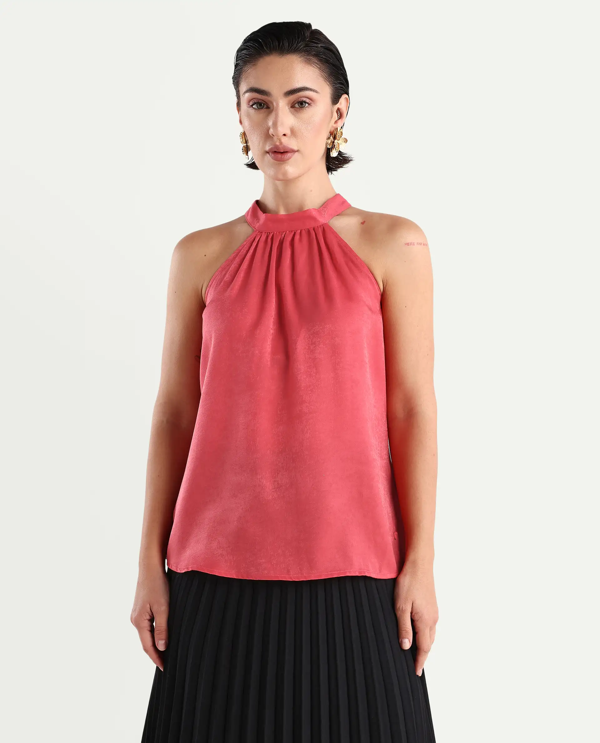 Rareism Women's Floren Light Orange Polyester Halter Neck Plain Sleeveless Regular Fit Top - Image 4