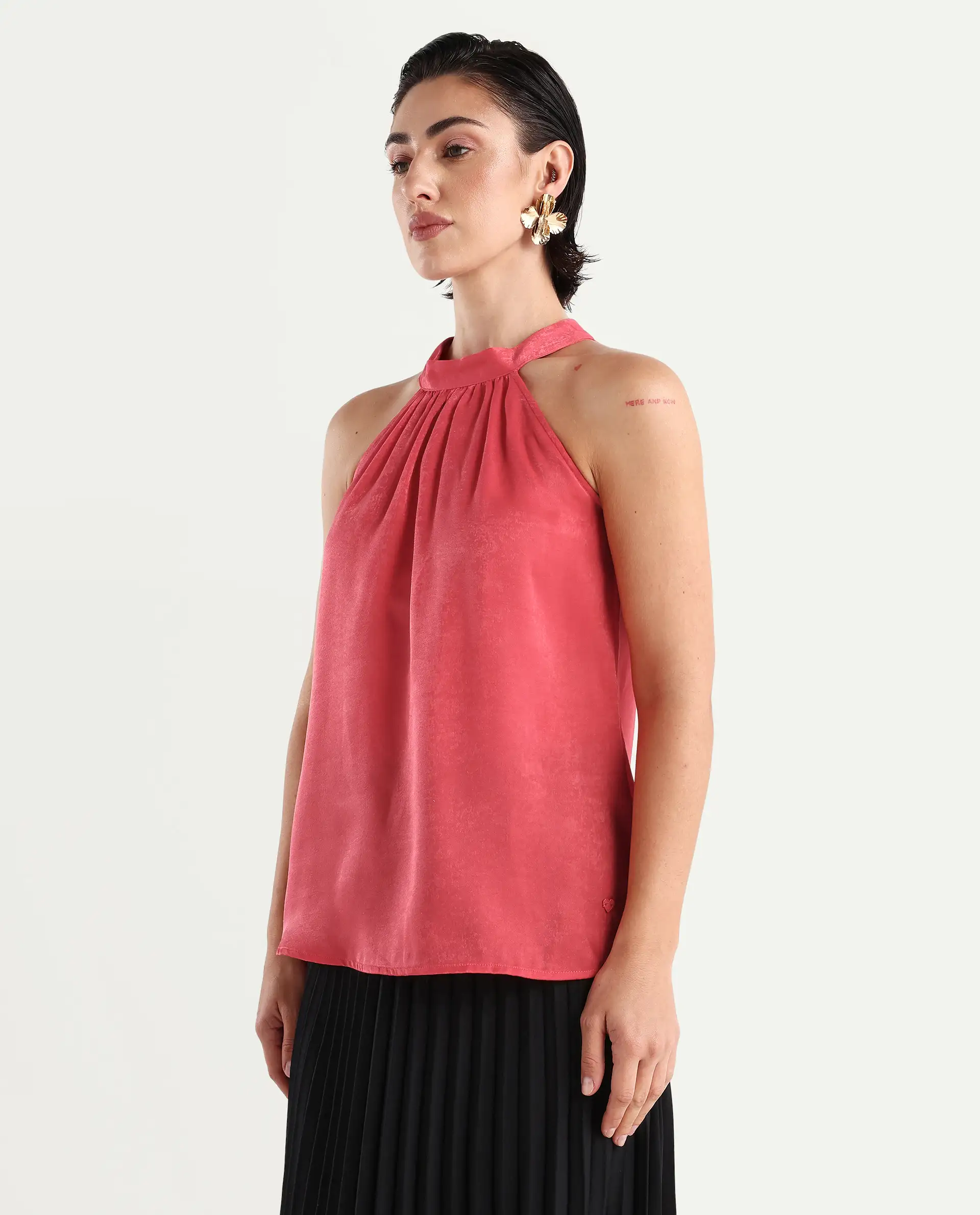 Rareism Women's Floren Light Orange Polyester Halter Neck Plain Sleeveless Regular Fit Top - Image 5