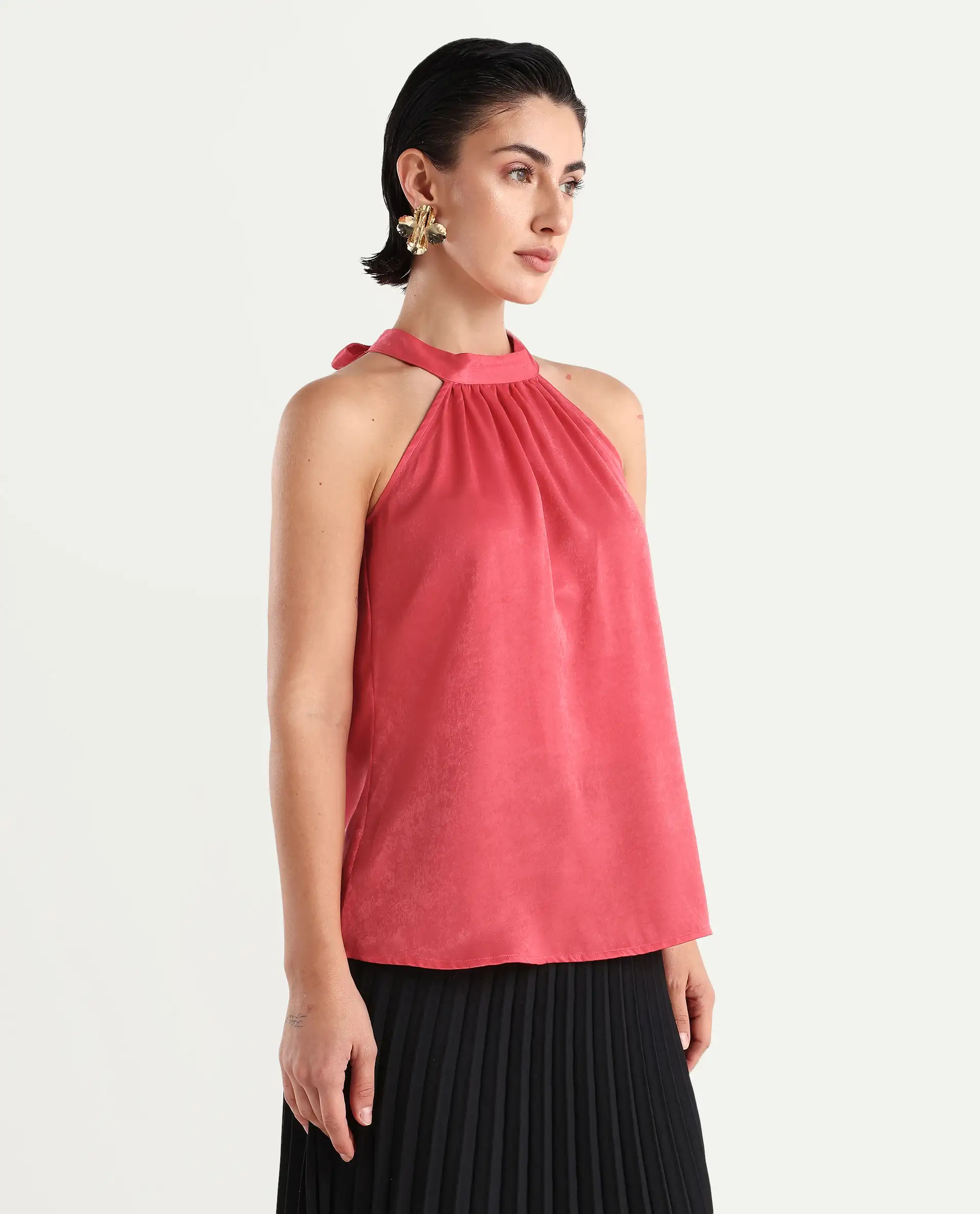 Rareism Women's Floren Light Orange Polyester Halter Neck Plain Sleeveless Regular Fit Top - Image 6