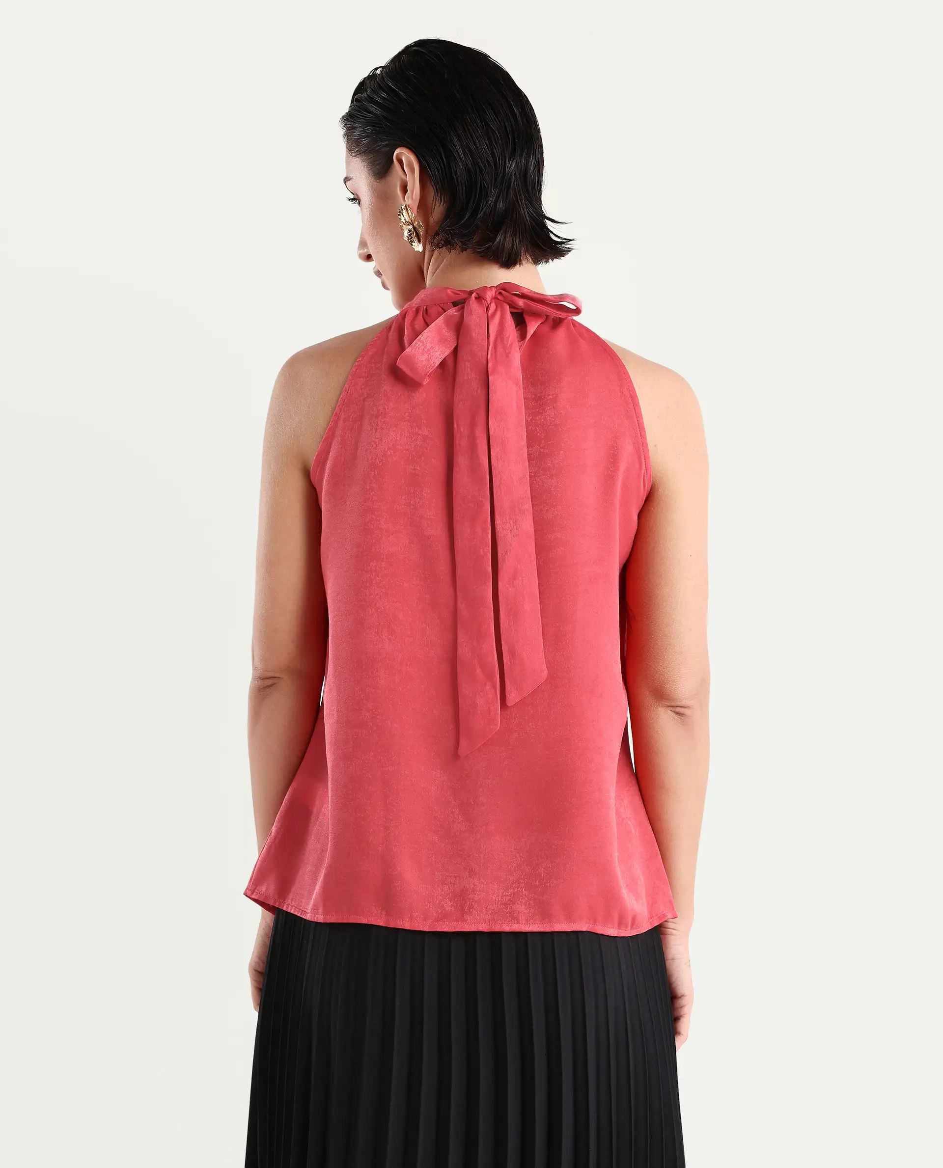 Rareism Women's Floren Light Orange Polyester Halter Neck Plain Sleeveless Regular Fit Top - Image 7