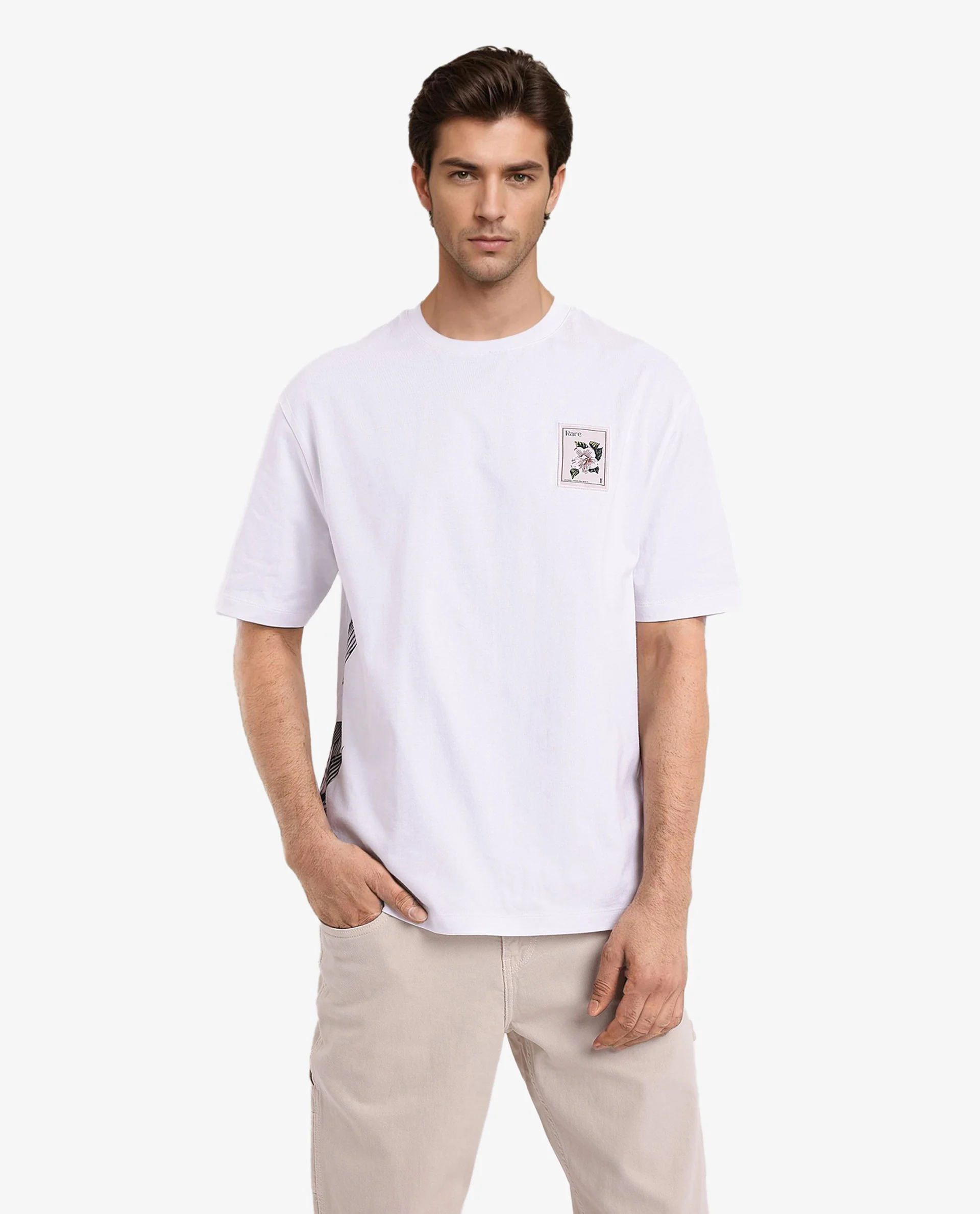 Rare Rabbit Men's Flores White Cotton Graphic Print Oversized Fit Half Sleeve Crew Neck T-Shirt - Image 3