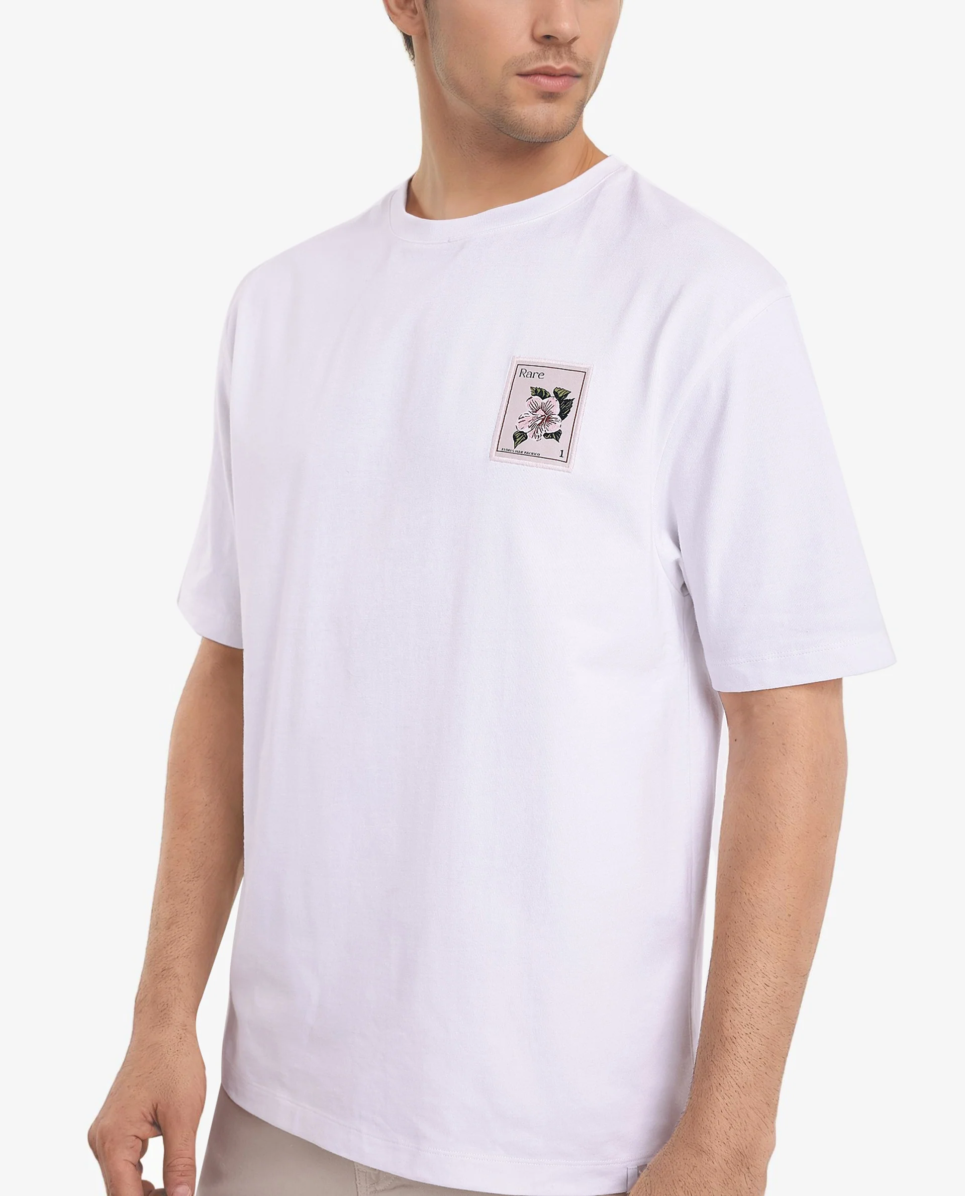 Rare Rabbit Men's Flores White Cotton Graphic Print Oversized Fit Half Sleeve Crew Neck T-Shirt - Image 4