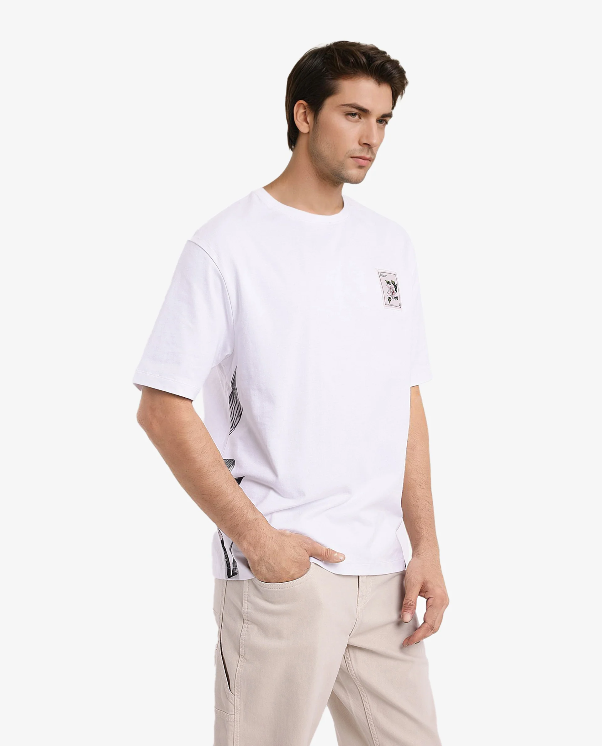 Rare Rabbit Men's Flores White Cotton Graphic Print Oversized Fit Half Sleeve Crew Neck T-Shirt - Image 5
