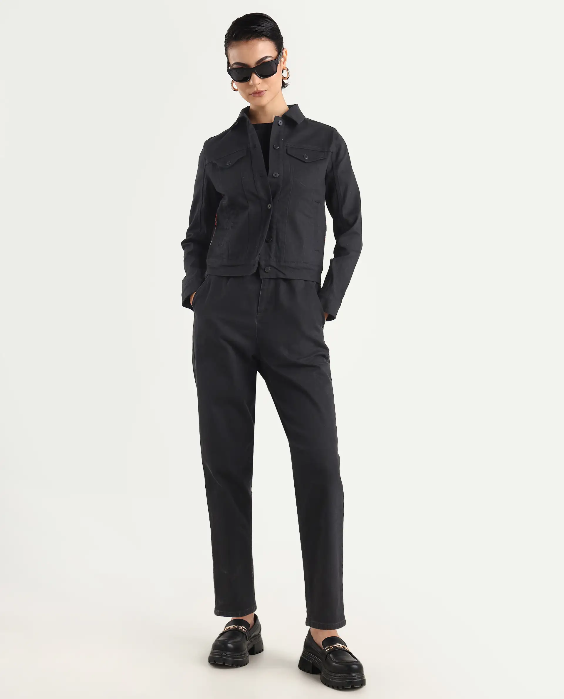 Rareism Women's Floria Black Cotton Blend Drop Collar Plain Cuffed Sleeve Regular Fit Jacket - Image 2