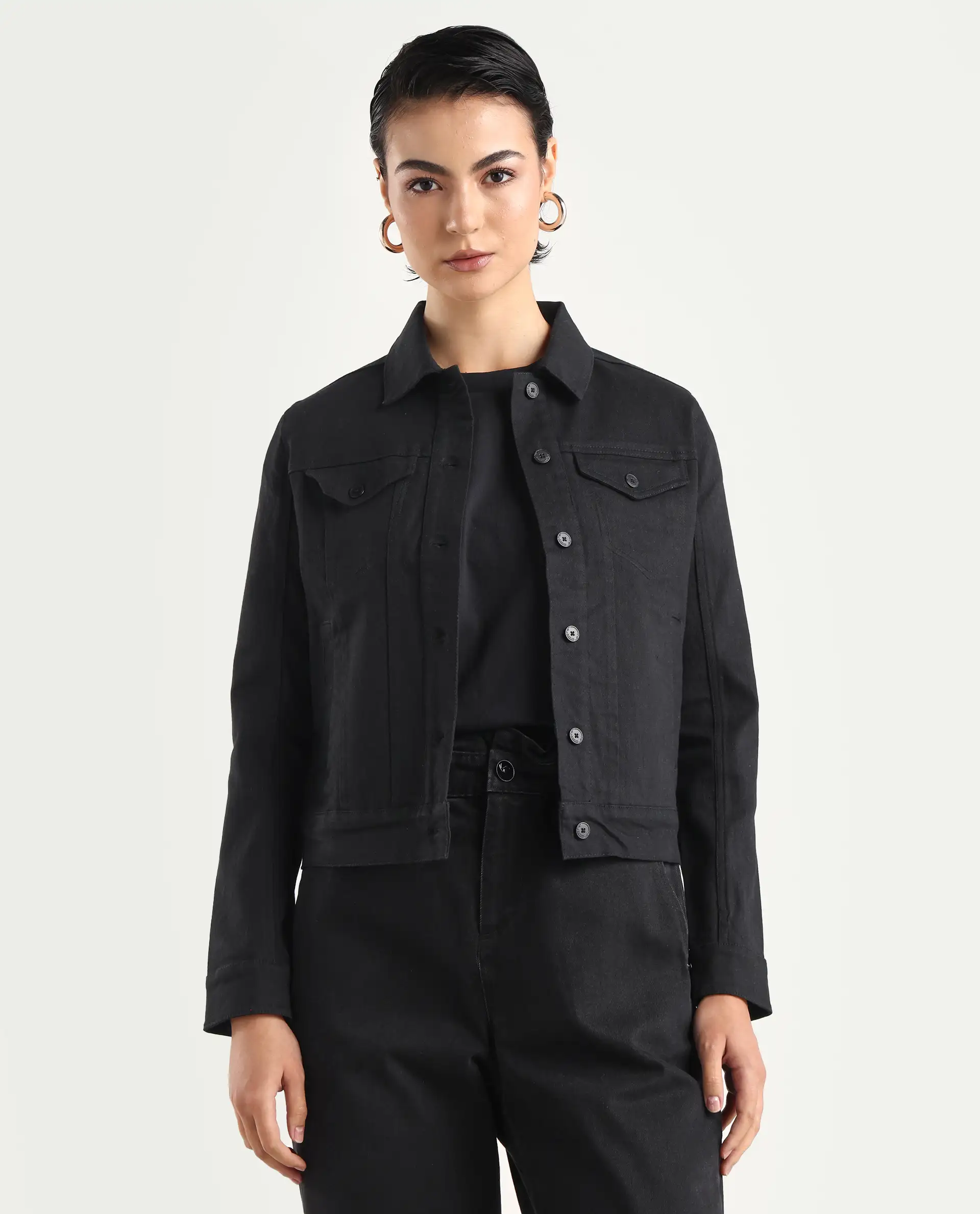 Rareism Women's Floria Black Cotton Blend Drop Collar Plain Cuffed Sleeve Regular Fit Jacket - Image 3