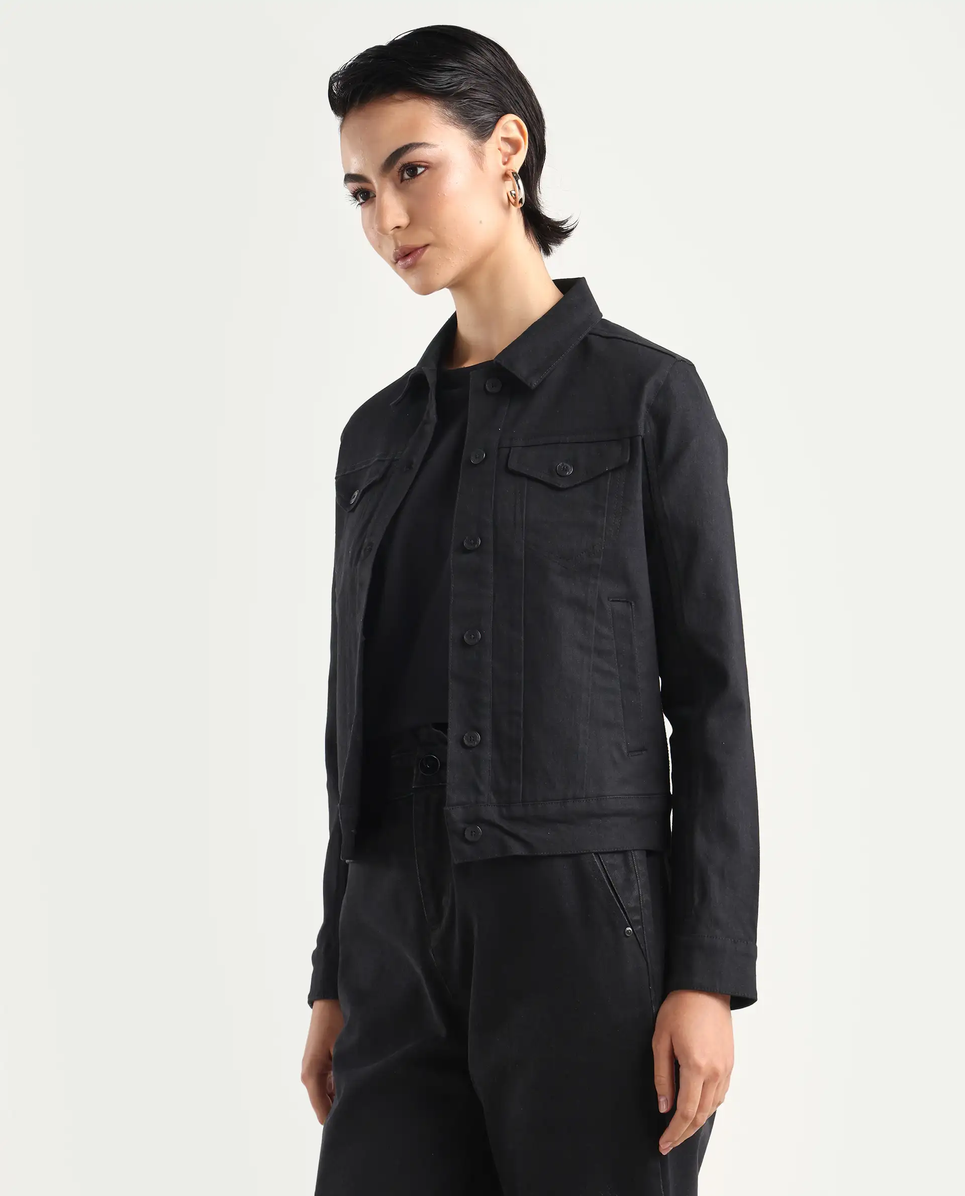 Rareism Women's Floria Black Cotton Blend Drop Collar Plain Cuffed Sleeve Regular Fit Jacket - Image 6