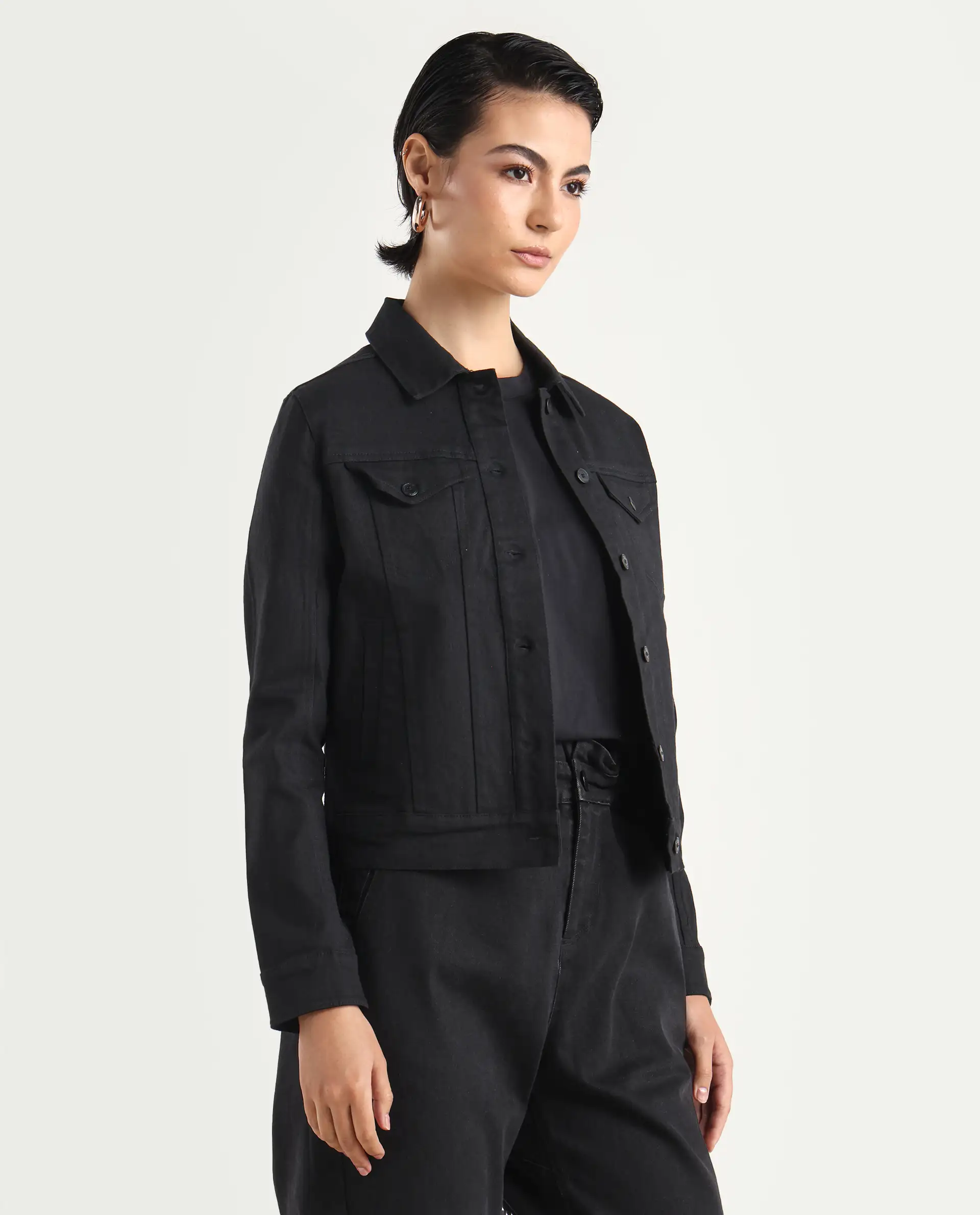 Rareism Women's Floria Black Cotton Blend Drop Collar Plain Cuffed Sleeve Regular Fit Jacket - Image 7