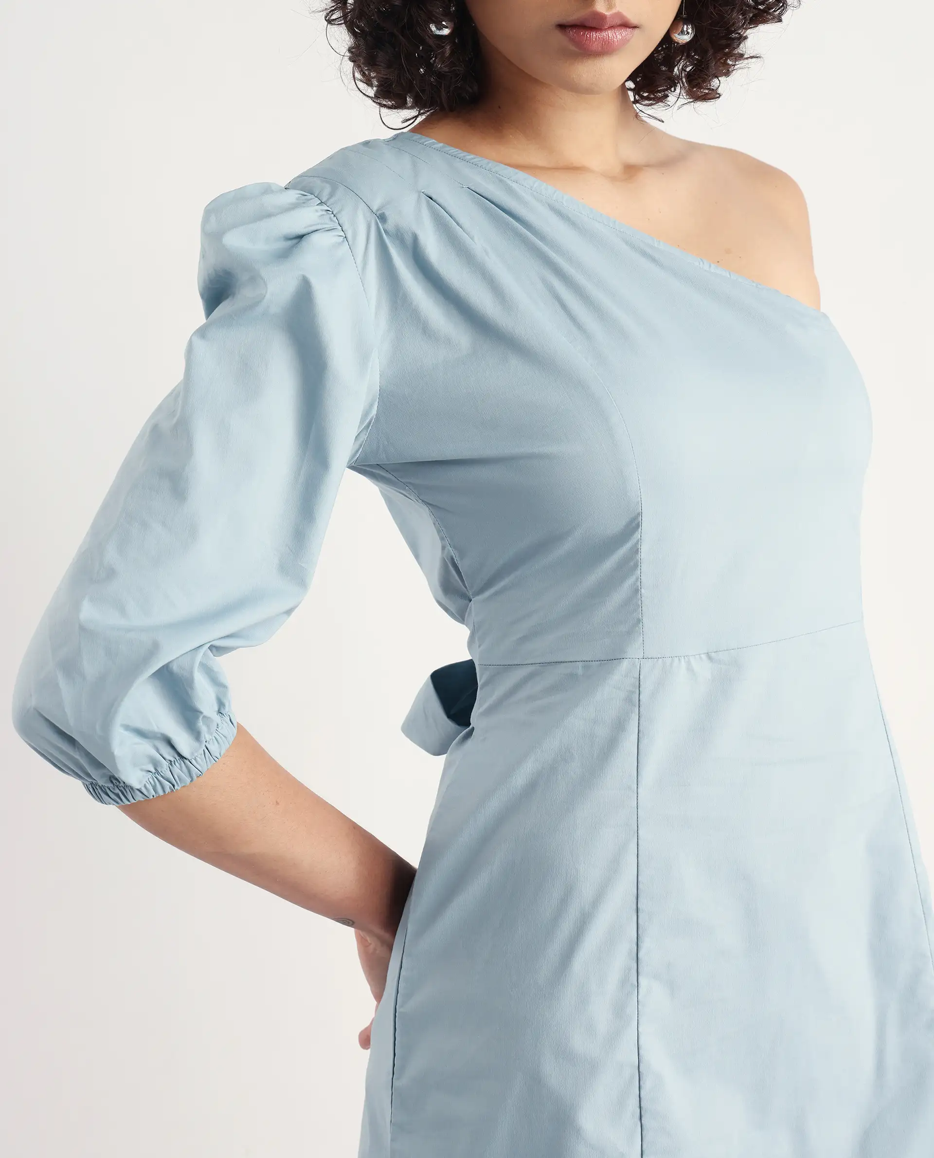 Rareism Women's Floris Blue Polyester Blend One Shoulder Plain Puff Sleeves Knee Length Slim Fit Dress - Image 4