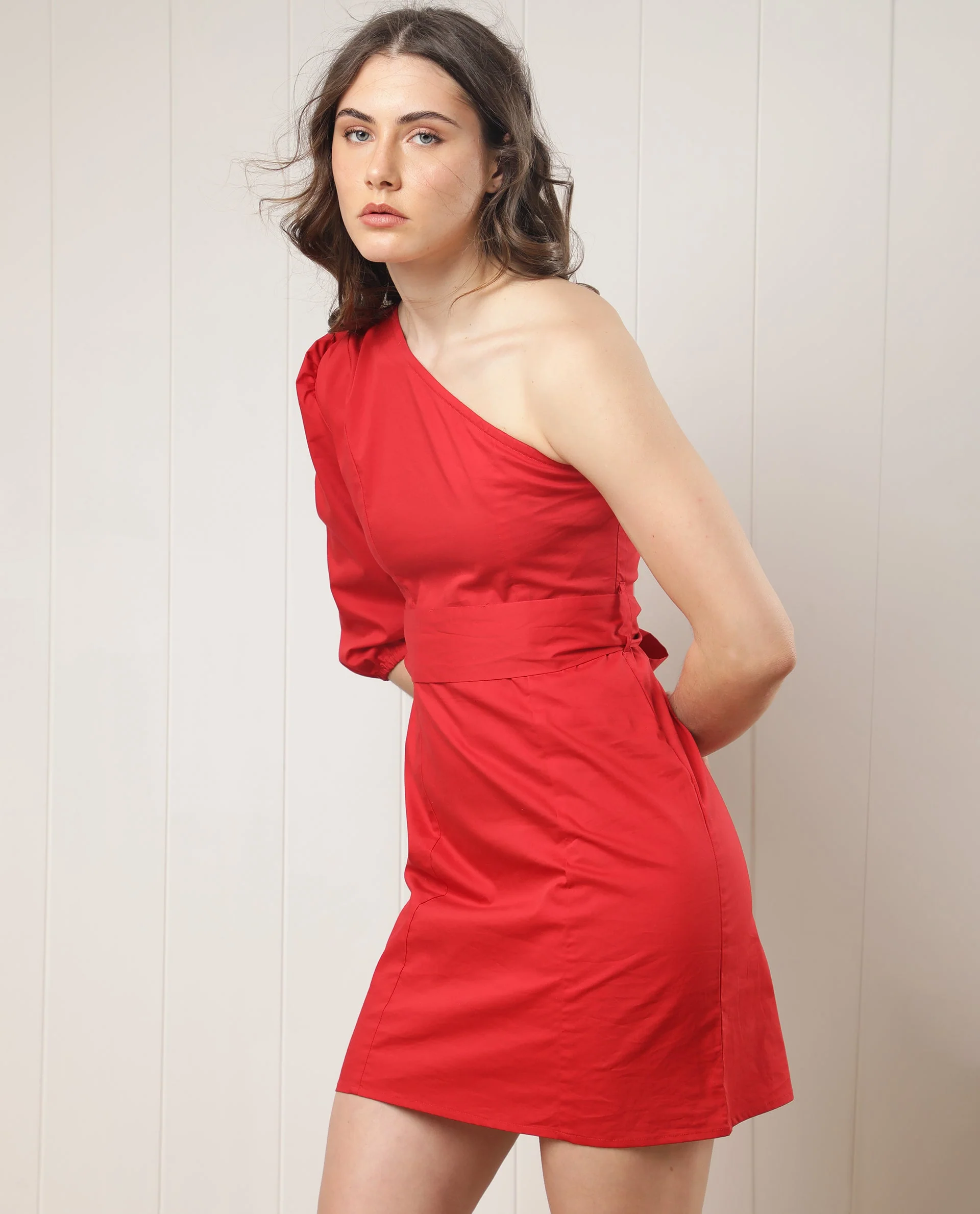 Rareism Women's Floris Red Polyester Blend One Shoulder Plain Puff Sleeves Knee Length Slim Fit Dress - Image 3