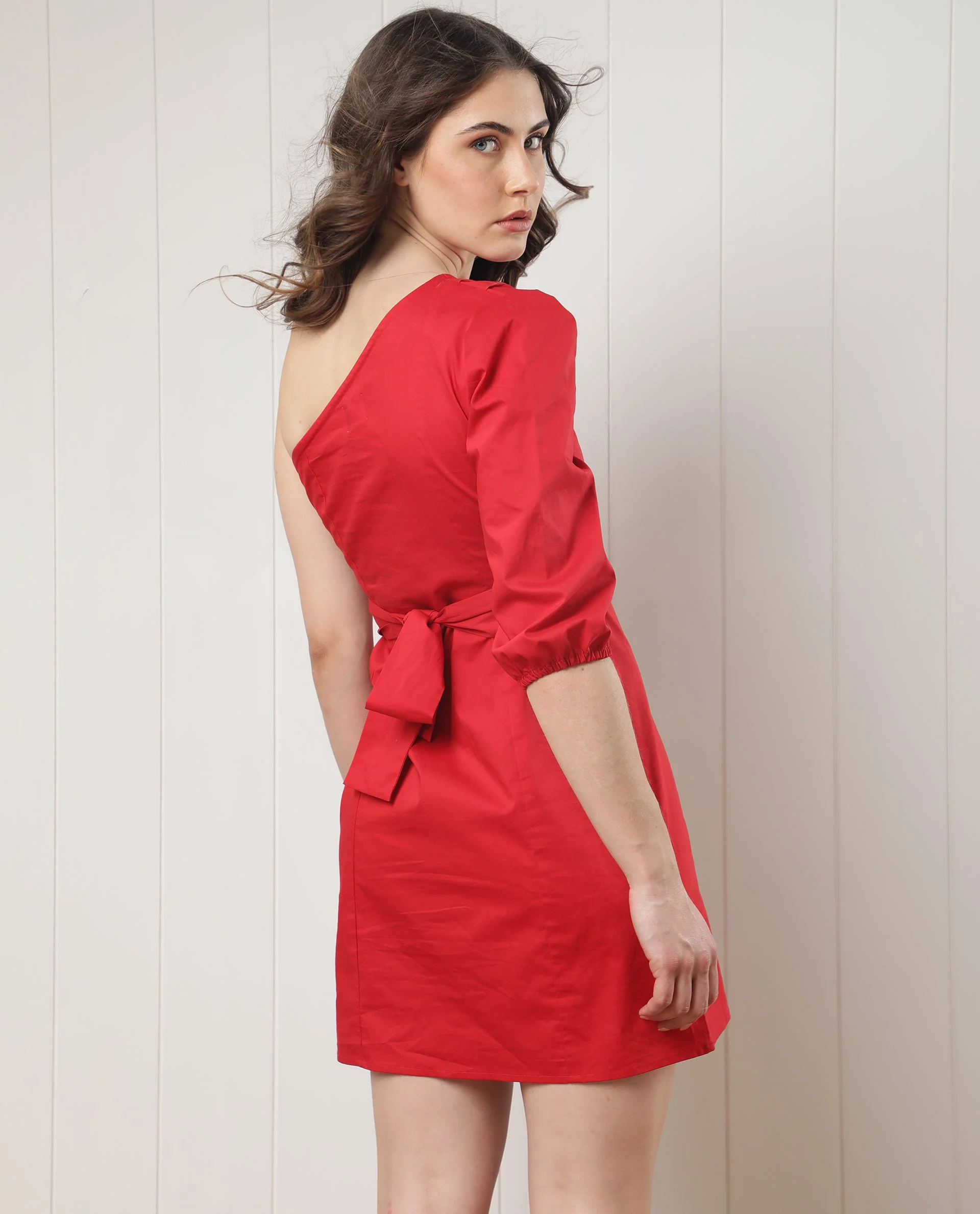 Rareism Women's Floris Red Polyester Blend One Shoulder Plain Puff Sleeves Knee Length Slim Fit Dress - Image 7