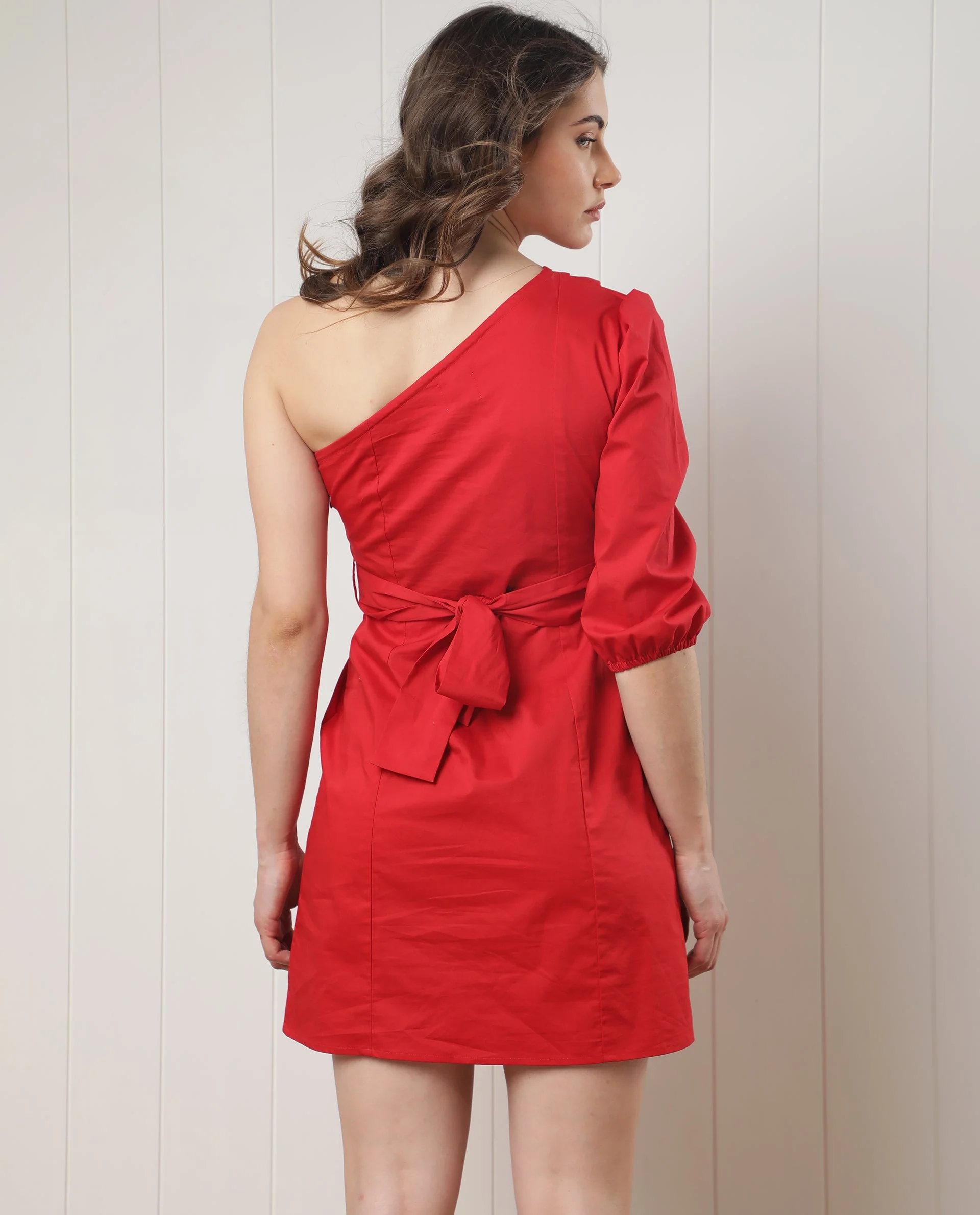 Rareism Women's Floris Red Polyester Blend One Shoulder Plain Puff Sleeves Knee Length Slim Fit Dress - Image 8