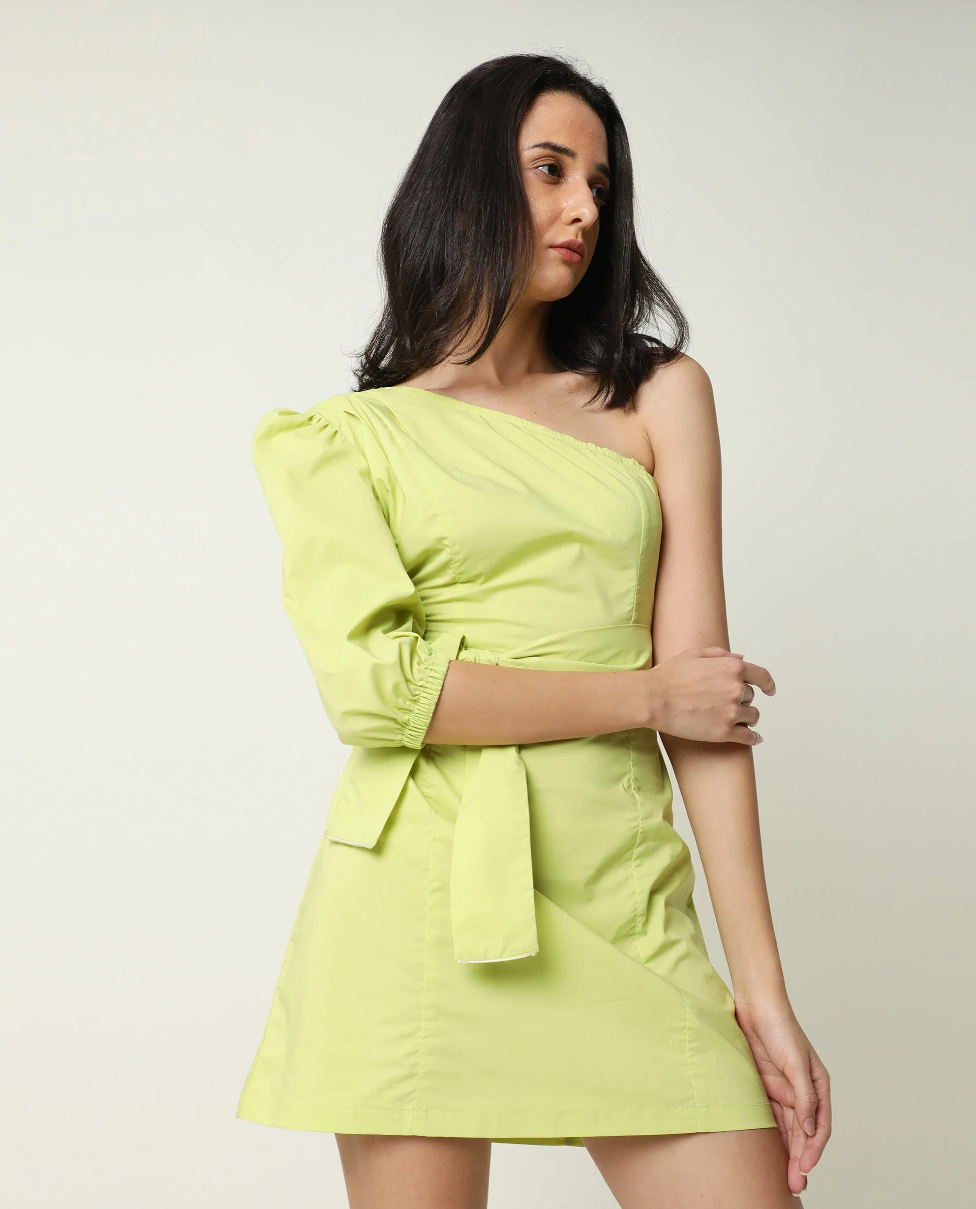 Rareism Women's Floris Green Polyester Blend One Shoulder Plain Puff Sleeves Knee Length Slim Fit Dress - Image 4