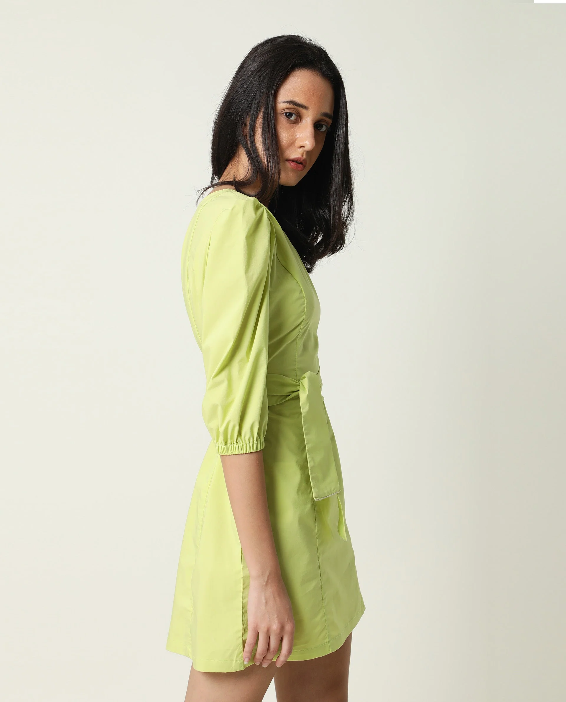 Rareism Women's Floris Green Polyester Blend One Shoulder Plain Puff Sleeves Knee Length Slim Fit Dress - Image 5