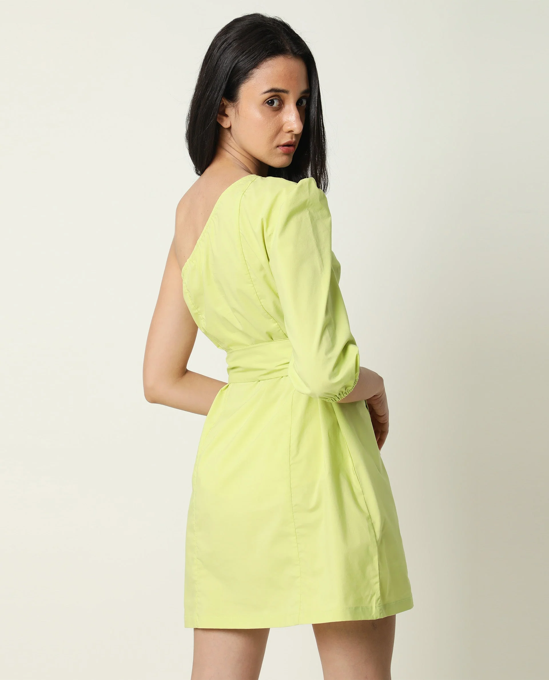 Rareism Women's Floris Green Polyester Blend One Shoulder Plain Puff Sleeves Knee Length Slim Fit Dress - Image 6