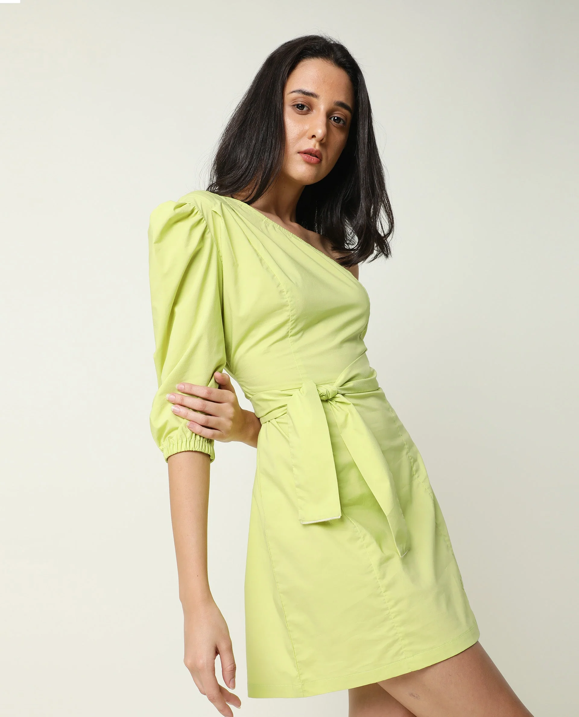 Rareism Women's Floris Green Polyester Blend One Shoulder Plain Puff Sleeves Knee Length Slim Fit Dress - Image 7